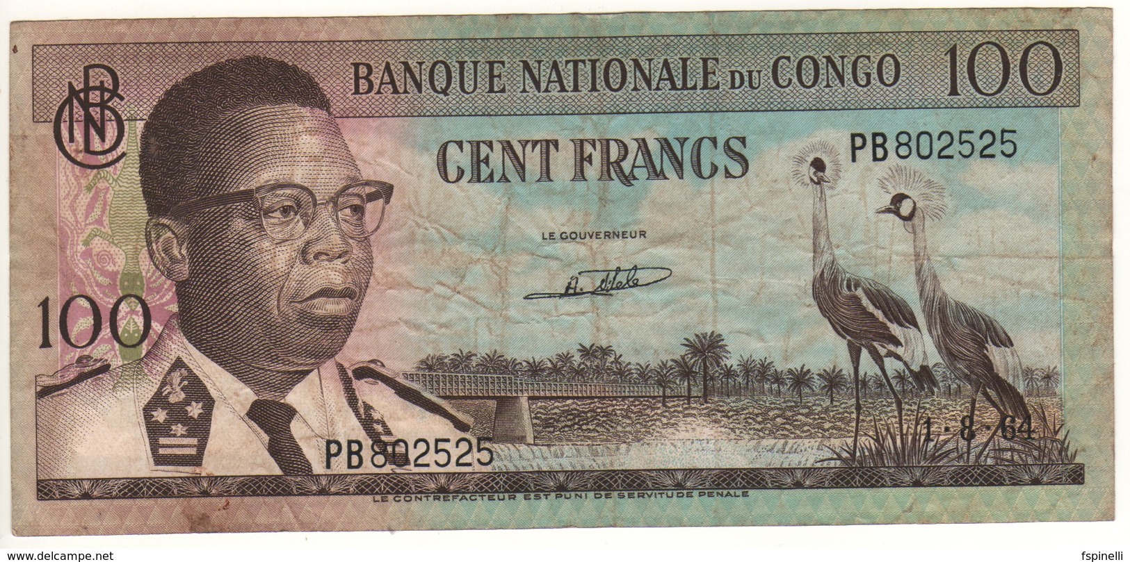 CONGO  Democratic Republic  100 Francs   P6a   Dated 1.8.1964 - Democratic Republic Of The Congo & Zaire