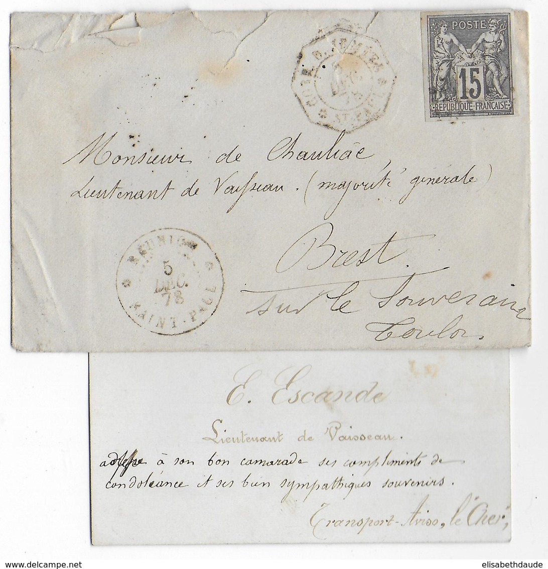 1878 - REUNION - SAGE NON DENTELE Sur LETTRE Avec CORR. D'ARMEES "ST PAUL" TRES RARE ! => BREST - Lettres & Documents