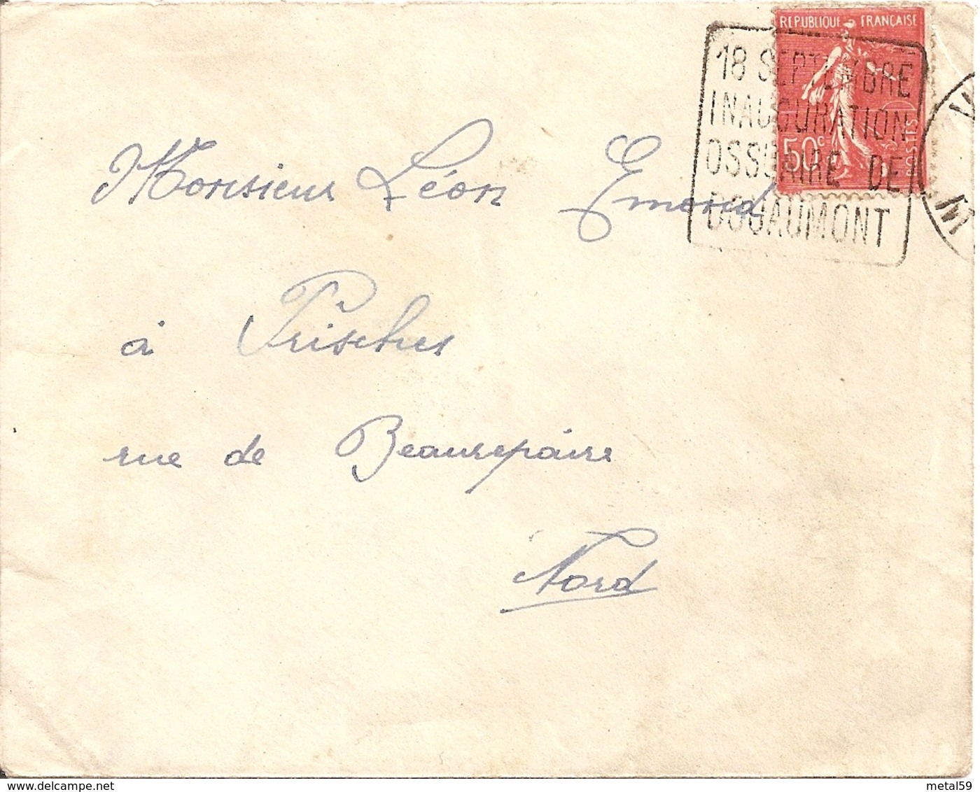 Enveloppe Avec Timbre 50c N° 199A + Cachet 18 Septembre Inauguration Ossuaire De Douaumont - 1921-1960: Modern Period