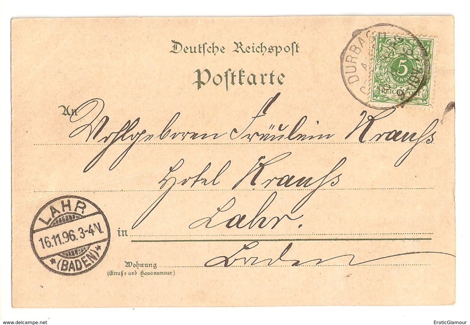 1896 DURBACH To Lahr. Deutsche Reichspost Postcard Ansichtskarte. Addressed To Hotel Krauss. Excellent Condition - Offenburg