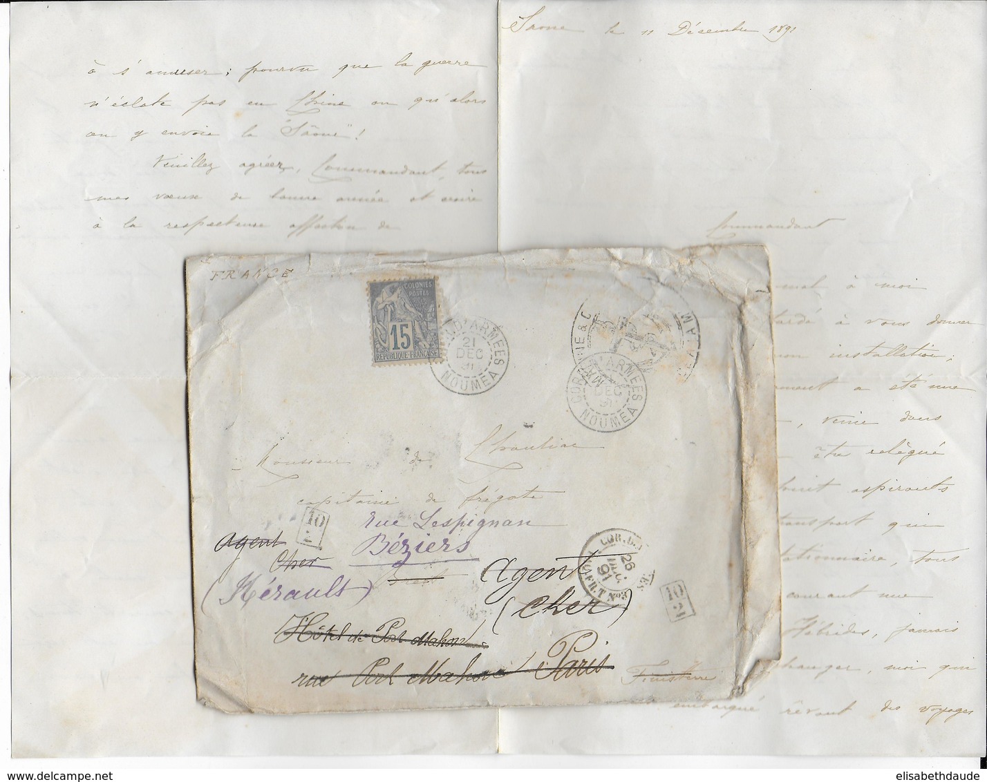 1891 - MARITIME - CALEDONIE - ALPHEE / LETTRE CORR. D'ARMEES "NOUMEA" + PAQ FR T. N°3 RARES ! => 3 REEXPEDITIONS ! - Alphée Dubois