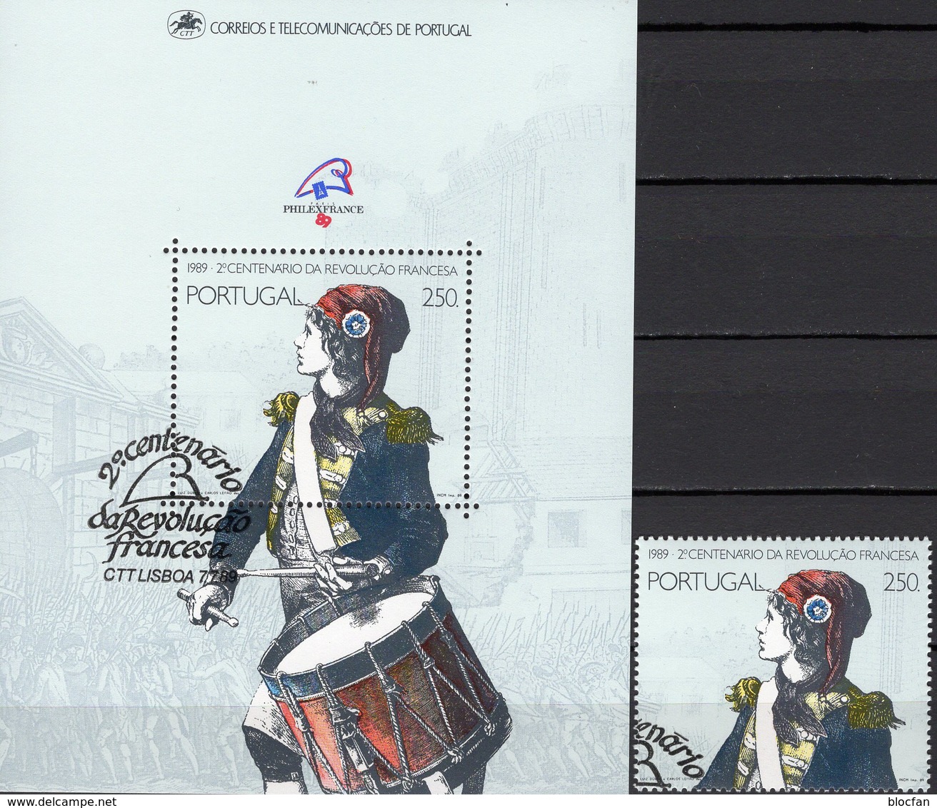 France Revolution 1989 Portugal 1796+Block 66 O 21€ Trommler Painting M/s Hojita Music Bloc Art Sheet Bf Philatelic - Franz. Revolution