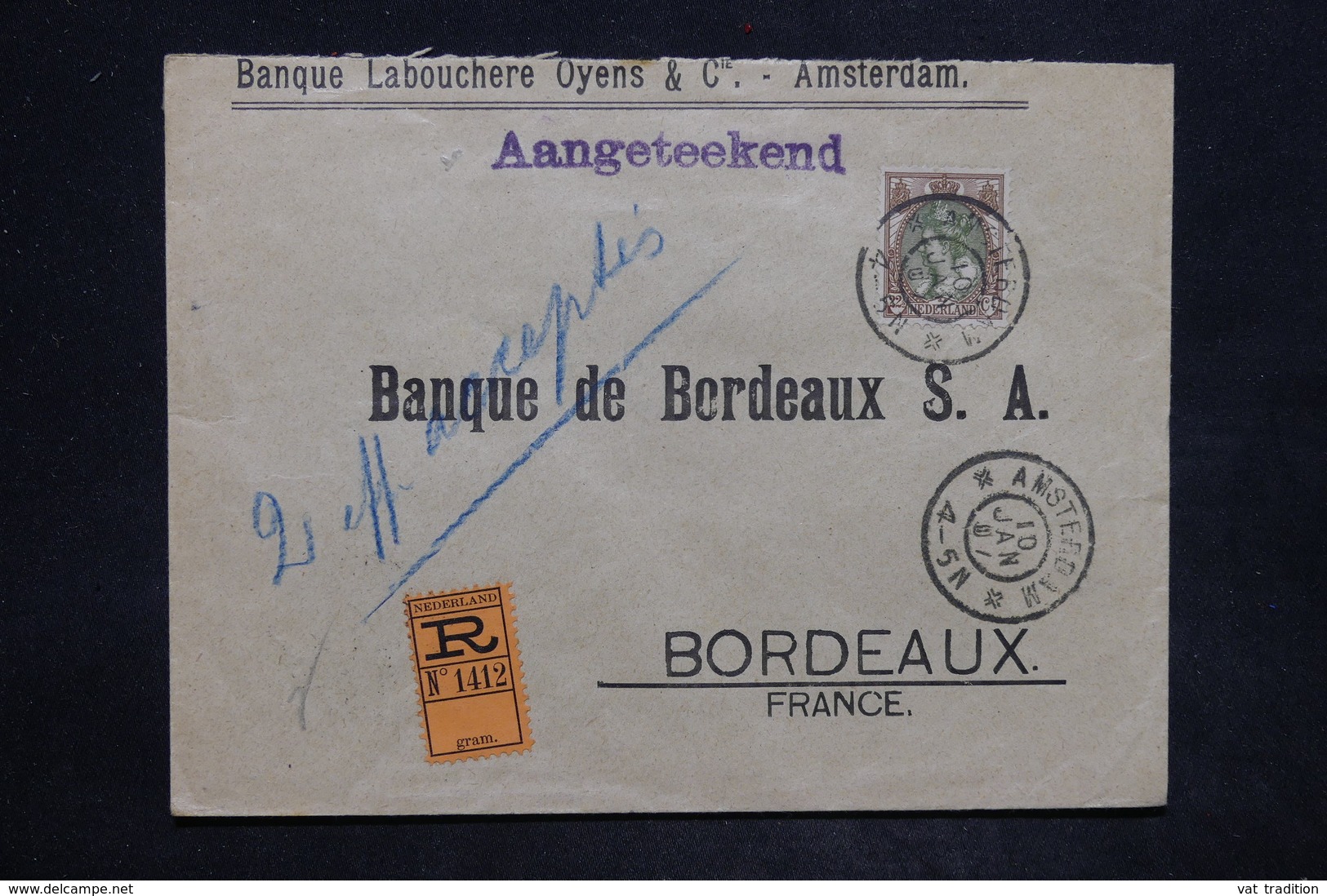 PAYS BAS - Enveloppe Commerciale En Recommandé De Amsterdam Pour Bordeaux En 1907 , Affranchissement Plaisant - L 25855 - Brieven En Documenten
