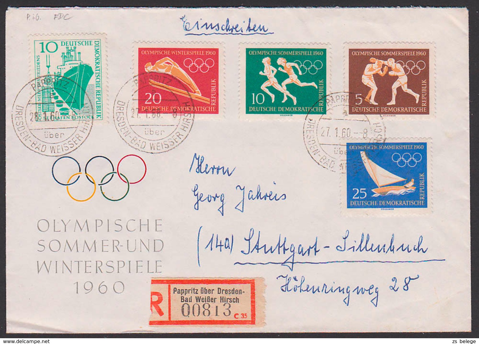 Pappritz üb. Dresden-Bad Weißer Hirsch  Olympische Sommer-Spiele 1960 DDR, R-Brief Nach Stuttgart Portogenauer FDC - Sonstige & Ohne Zuordnung