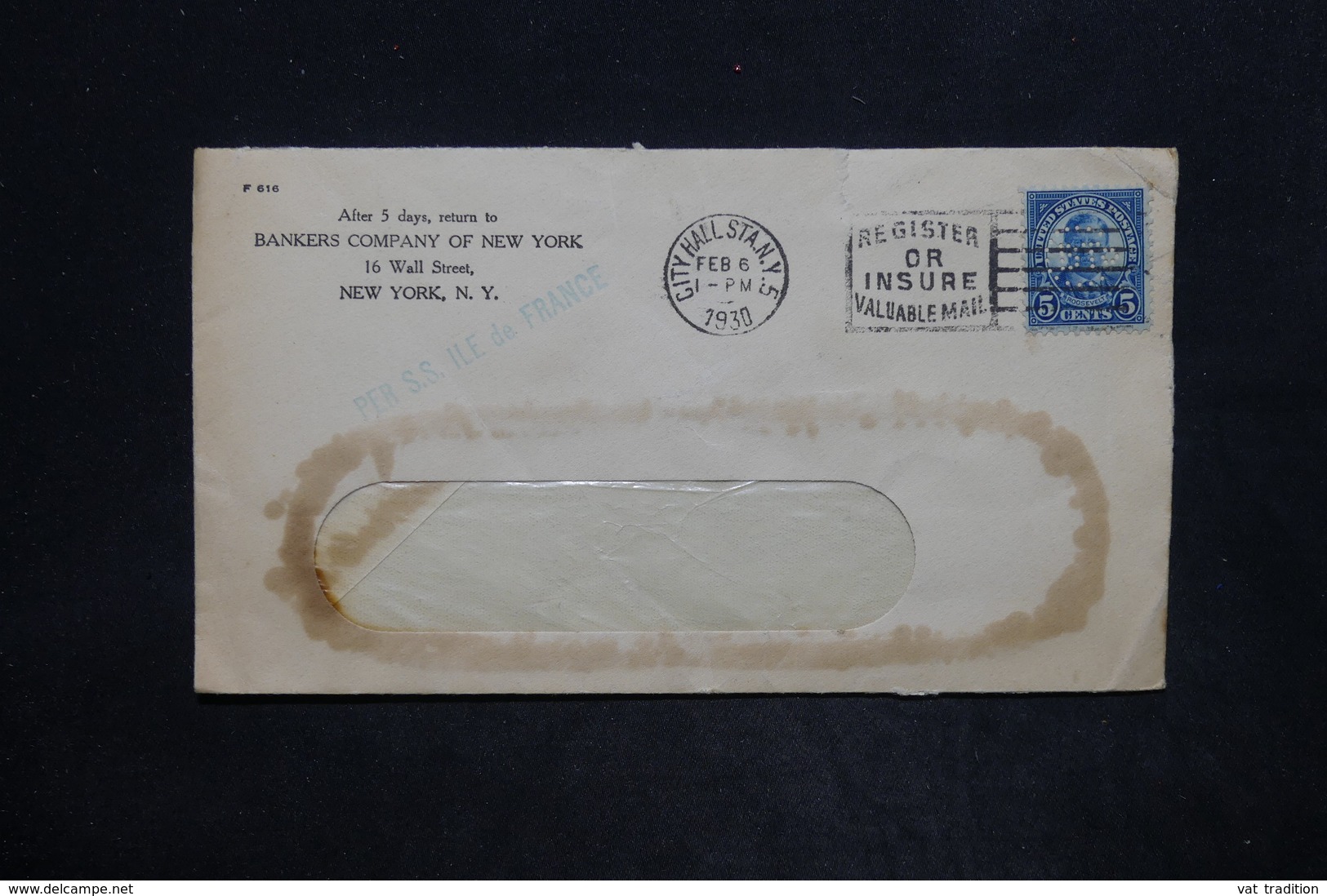 ETATS UNIS - Perforé Sur Enveloppe Commerciale De New York En 1930 Par Bateau " Ile De France " - L 25859 - Zähnungen (Perfins)