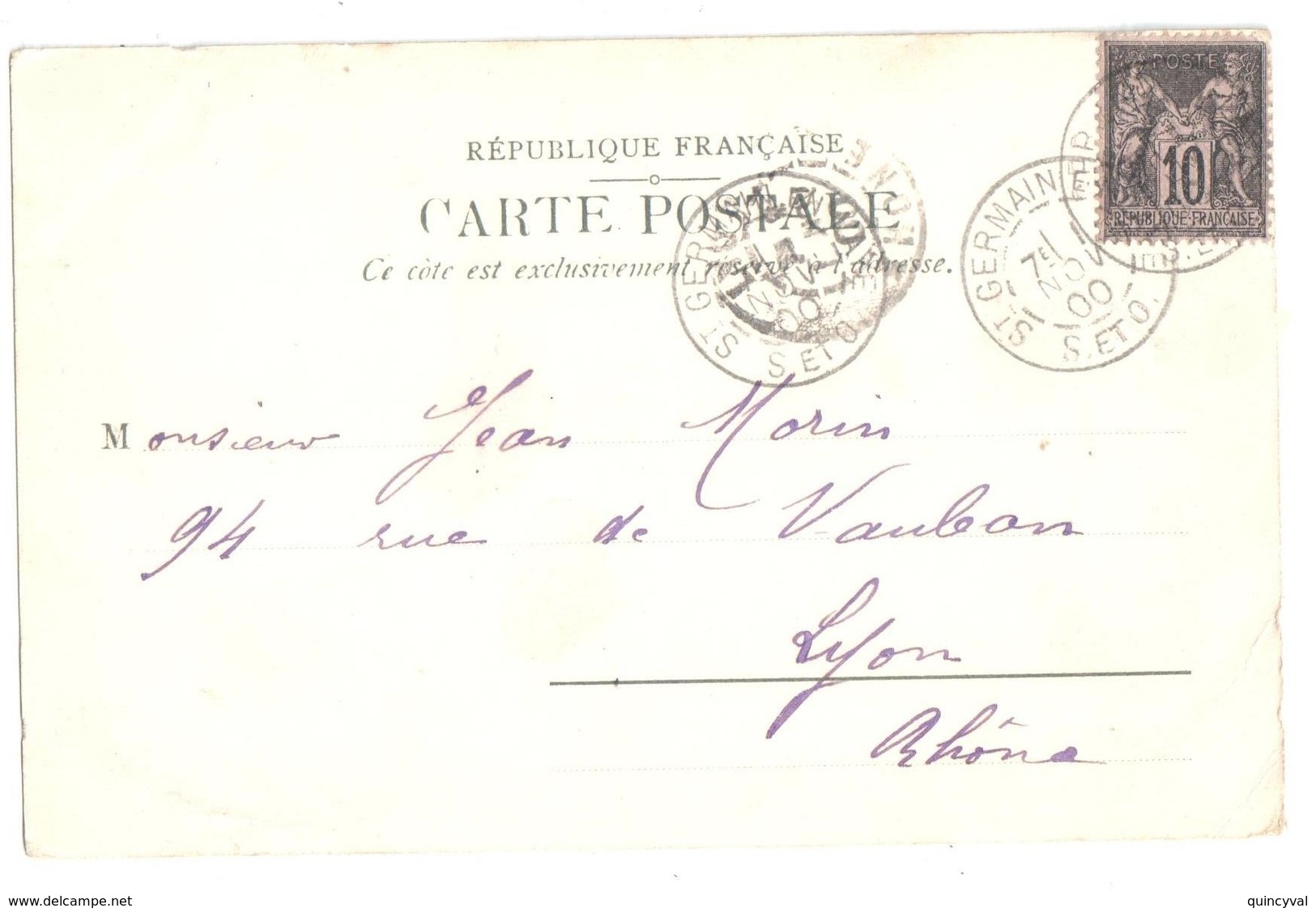 St GERMAIN En LAYE Carte Postale 10 C Sage N Sous B Ob Type 84 1/11/1900 Yv 103 - 1898-1900 Sage (Type III)