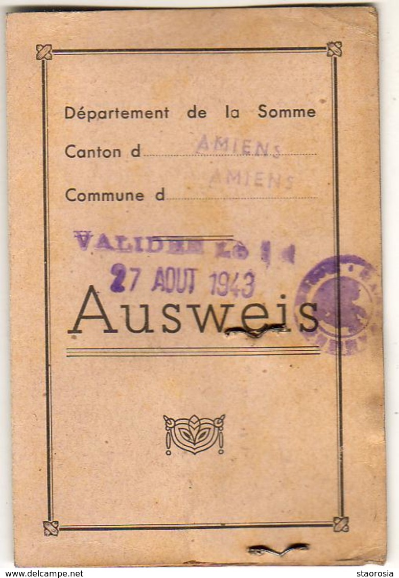 AUSWEIS  AMIENS 1942 - Documents Historiques