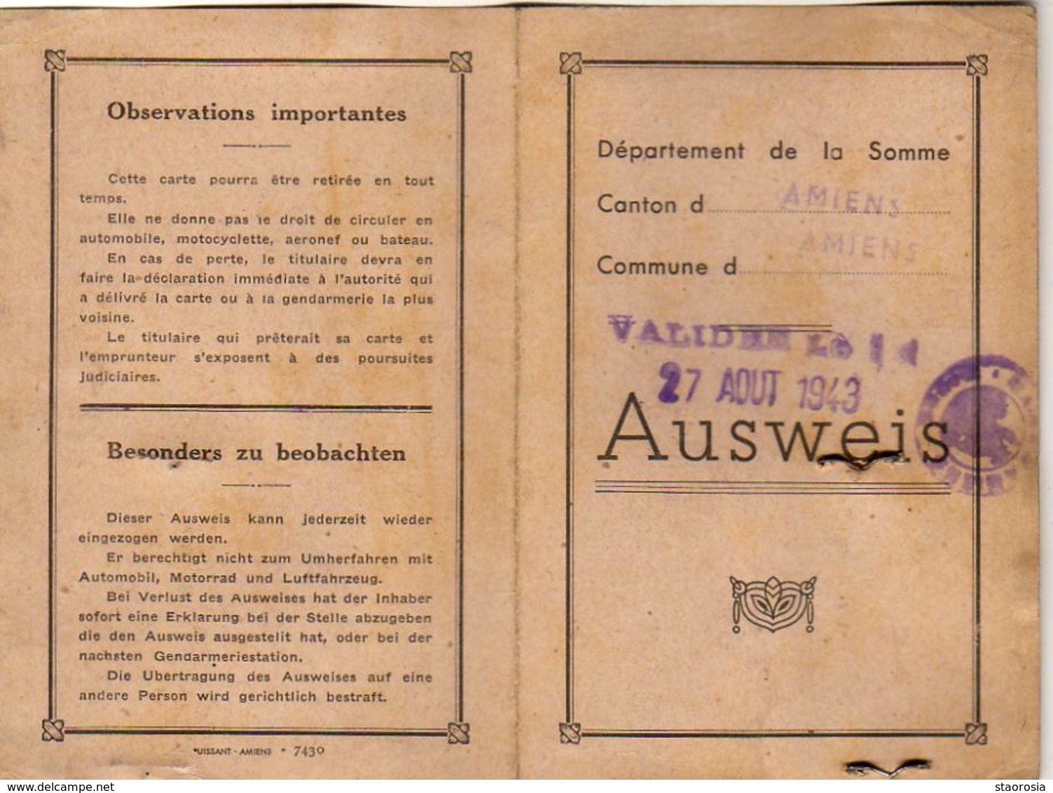 AUSWEIS  AMIENS 1942 - Documents Historiques