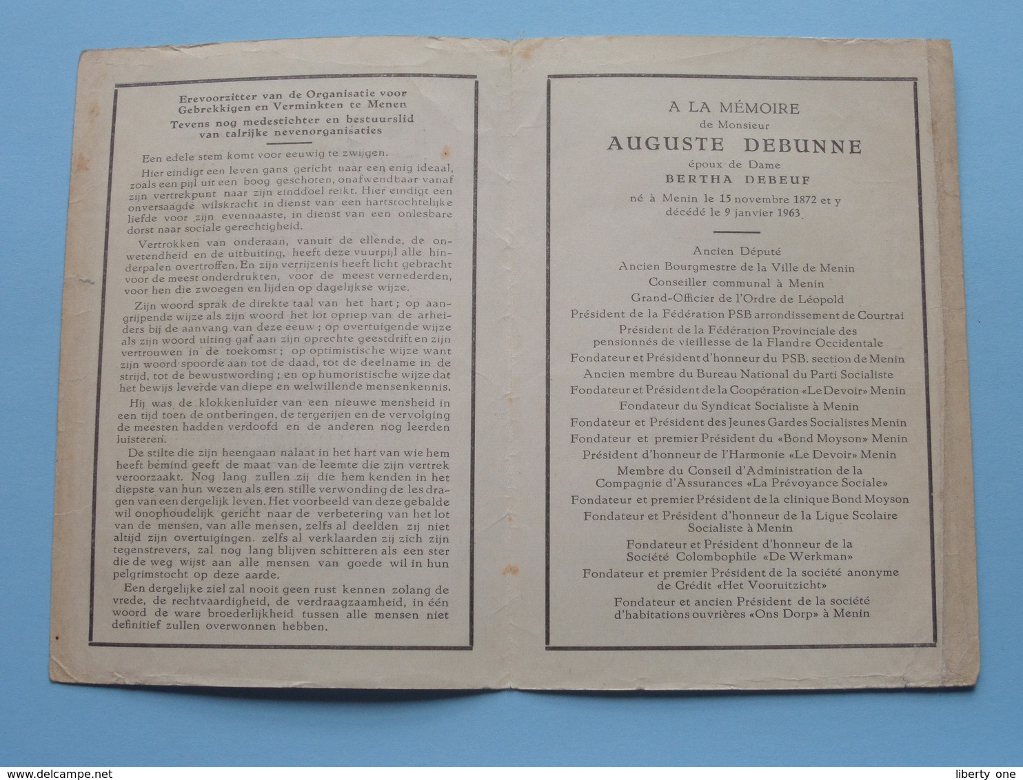 Ter Nagedachtenis Van AUGUST DEBUNNE ( Bertha Debeuf ) MENEN 15 Nov 1872 - 9 Jan 1963 ( Zie/voir Photo ) + Prentje ! - Décès