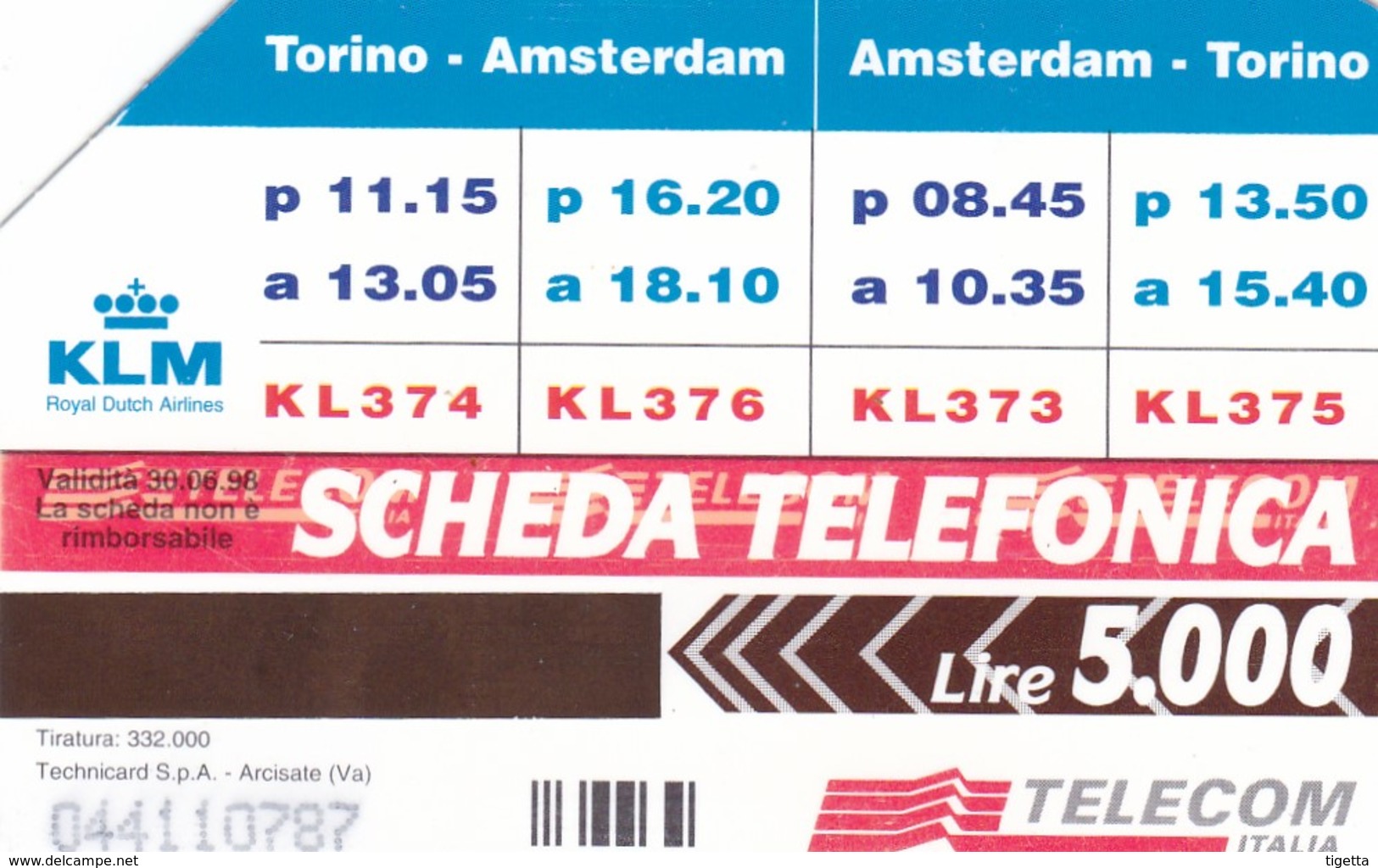 SCHEDA TELEFONICA  KLM  SCADENZA 30/06/1998 USATA - Public Special Or Commemorative