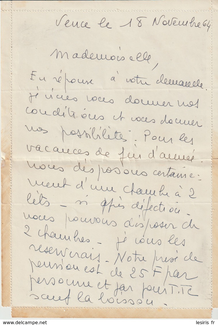 LETTRE PUBLICITAIRE - HOTEL PENSION BEAU SÉJOUR - VENCE -  ÉCRITE EN 1964 - - Dépliants Touristiques