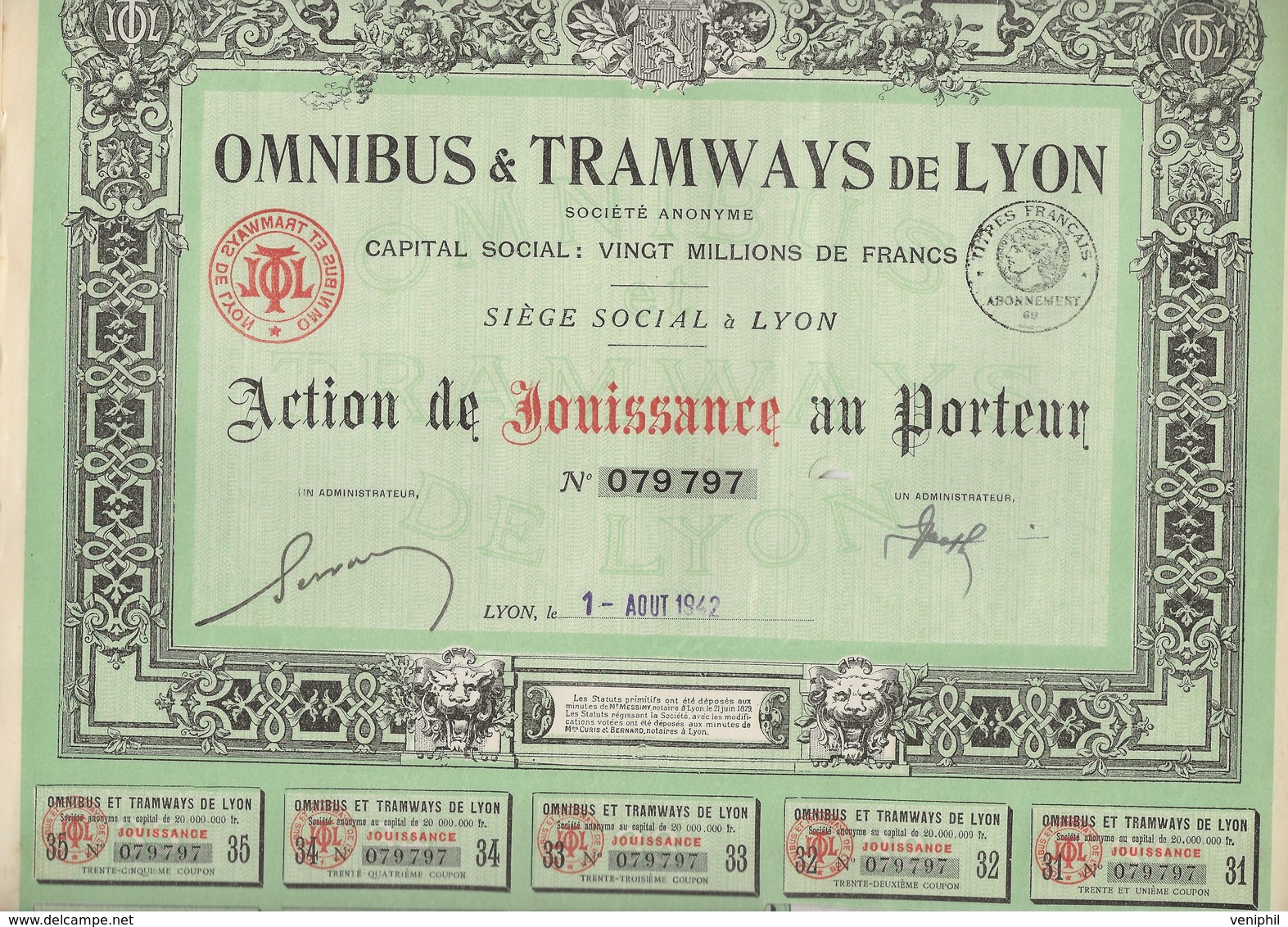 LOT DE 5 ACTIONS DE JOUISSANCE -OMNIBUS ET TRAMWAYS DE LYON - ANNEE 1936 ET 1942 - Chemin De Fer & Tramway