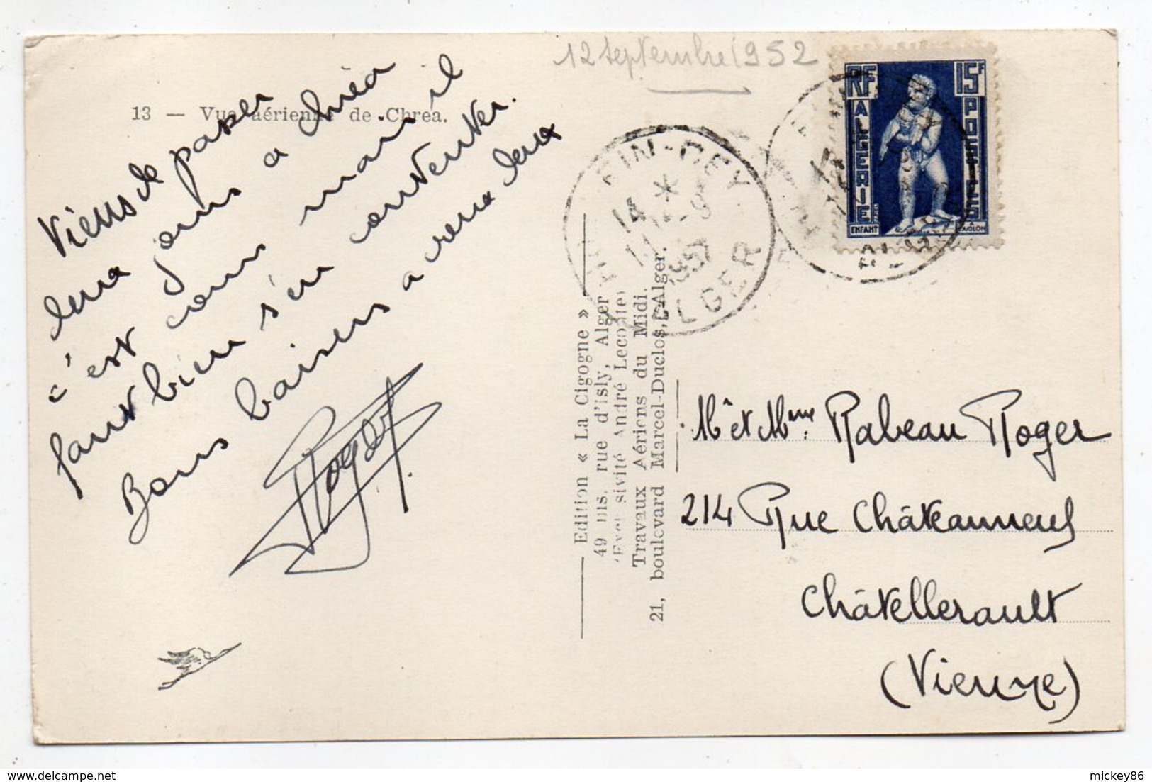 Algérie --  CHREA ---  1957 -- Vue Aérienne De Chréa  ---  Cachet --- Timbre -- - Autres & Non Classés