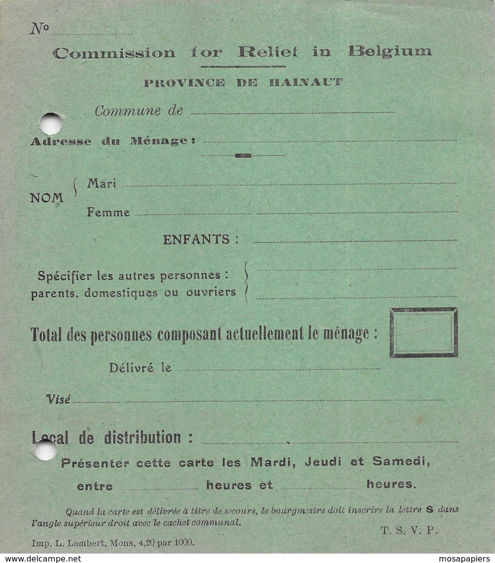 Commission For Relief In Belgium - Province De Hainaut - Carte De Rationnement - Vierge - Documents