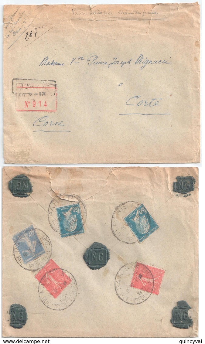 PARIS IX Lettre Chargée 26g Valeur 10000 F Dest Corte Corse 1,50F Pasteur 40c Semeuse 50c Lignée Yv 181 199 237 Ob 1930 - Storia Postale