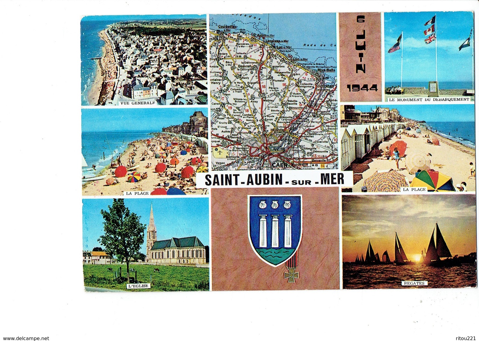 Cpm - 14 - Saint Aubin Sur Mer - Multivues - Blason Coquille Saint Jacques Médaille - Juin 1944 Monument Débarquement - Saint Aubin