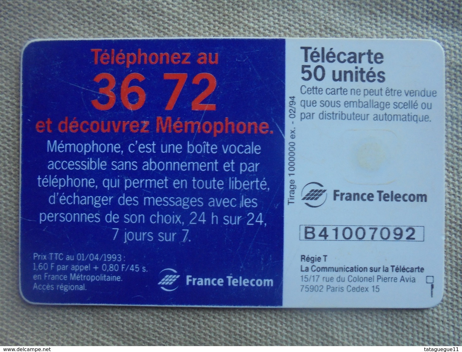 Télécarte 50 Unités MEMOPHONE 3672 02/94 - Opérateurs Télécom