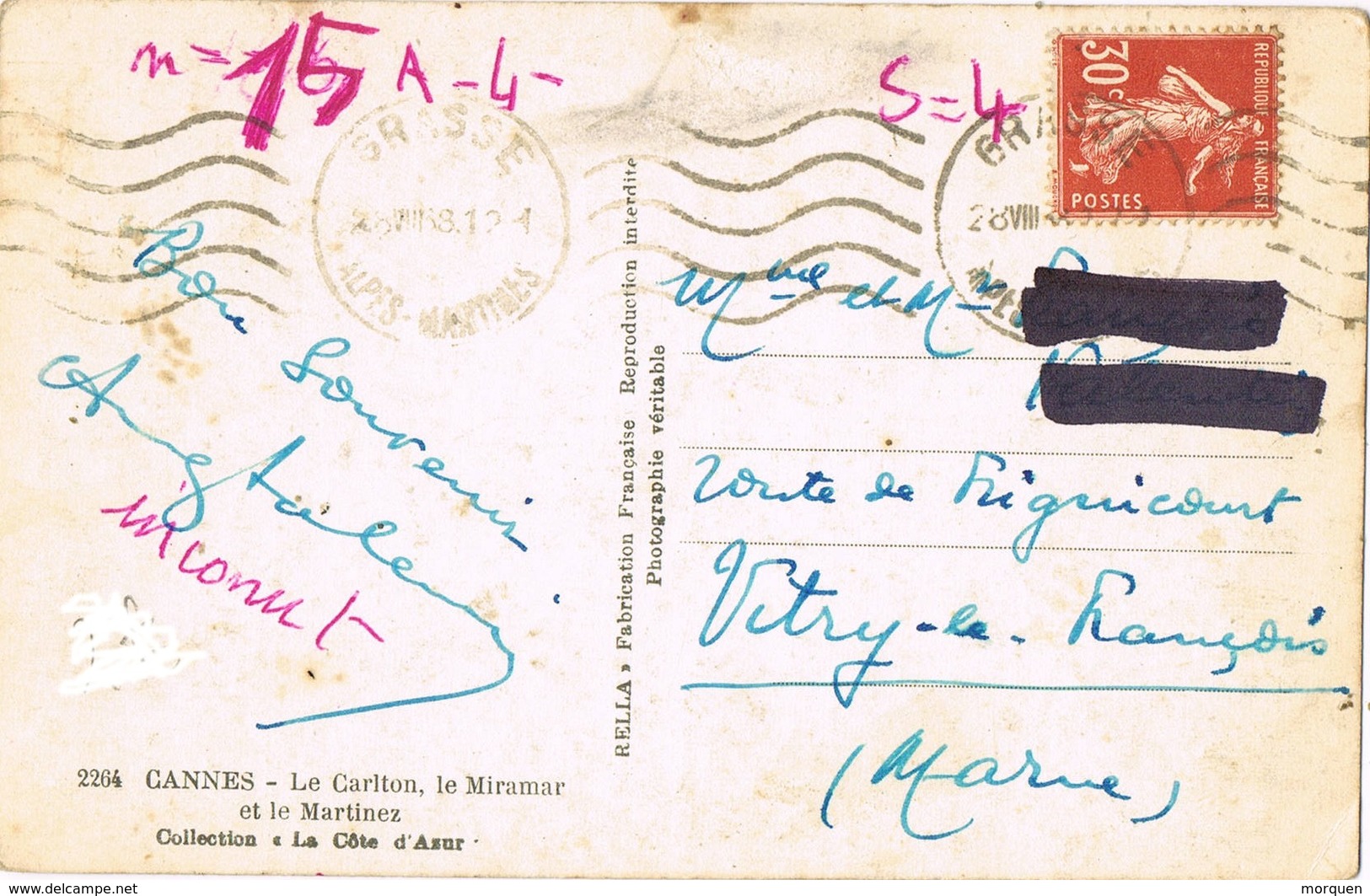 32099. Postal GRASSE (Alpes Maritimes) 1938. Cannes Vue Sur Le Carlton, Miramar Et Le Martinez - Cartas & Documentos