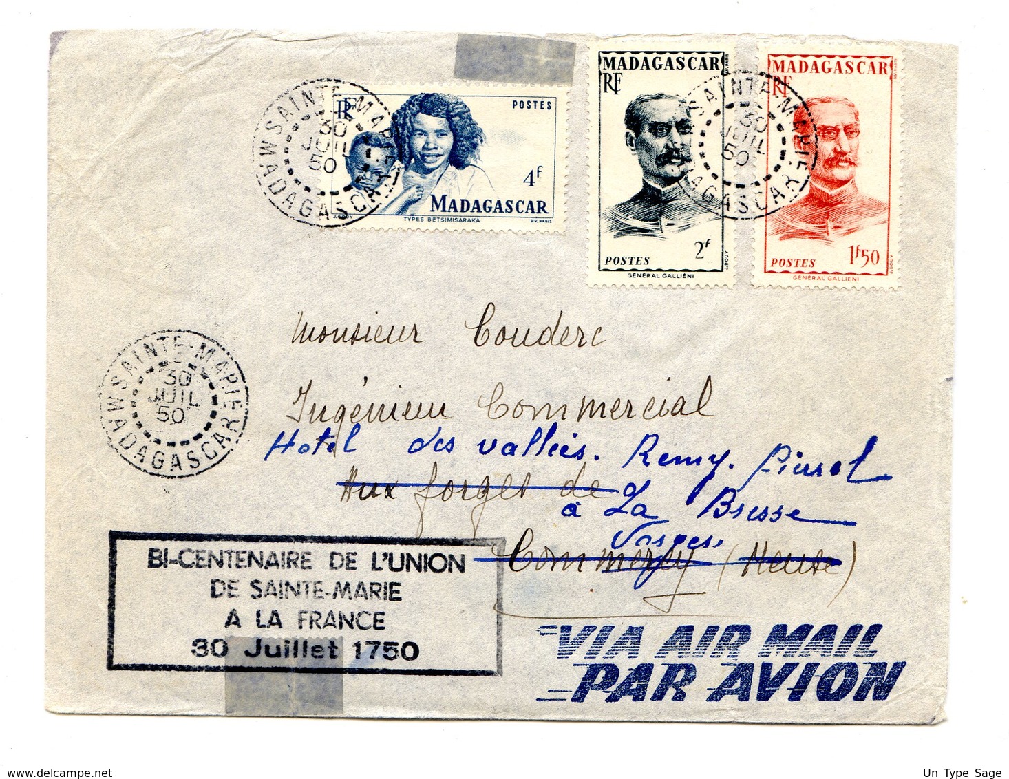 Madagascar, Lettre De Sainte-Marie + Griffe Bi-centenaire De L'union à La France, 1950 - (C1033) - Cartas & Documentos