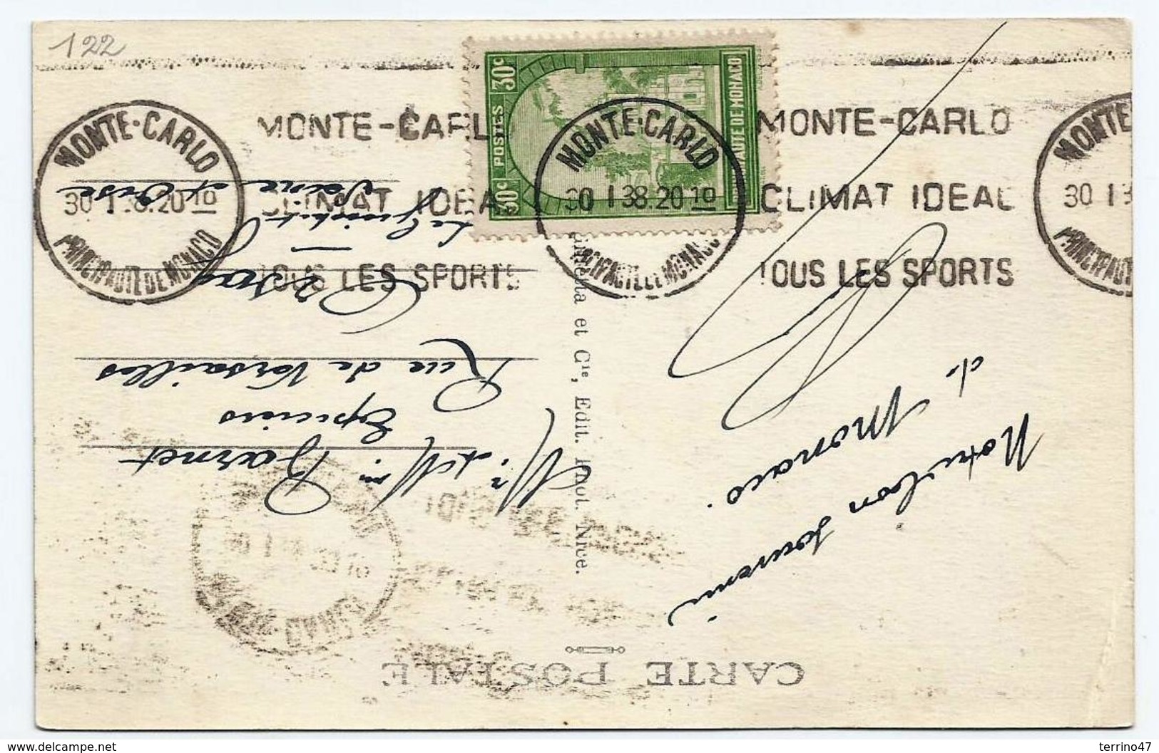 MONACO -oblit. 30/01/1938 - Flamme Monte Carlo-.n°122 - Franking Machines (EMA)