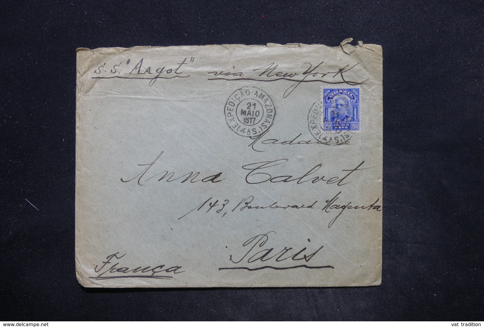 BRÉSIL - Enveloppe Pour Paris En 1917 Par Le S.S.Argot De New York , Oblitération Plaisante - L 25909 - Briefe U. Dokumente