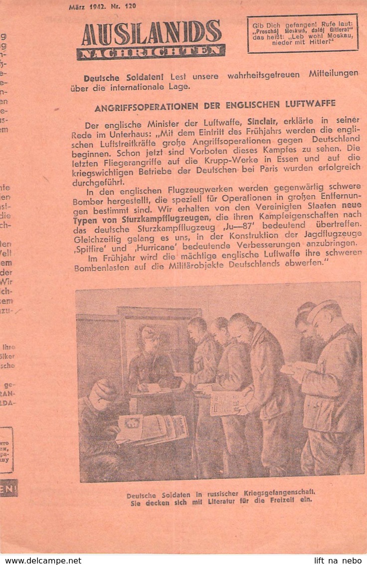 WWII WW2 Leaflet Flugblatt Tract Soviet Propaganda Against Germany "Auslands-Nachrichten" März 1942 Nr. 120  CODE 1032 - 1939-45