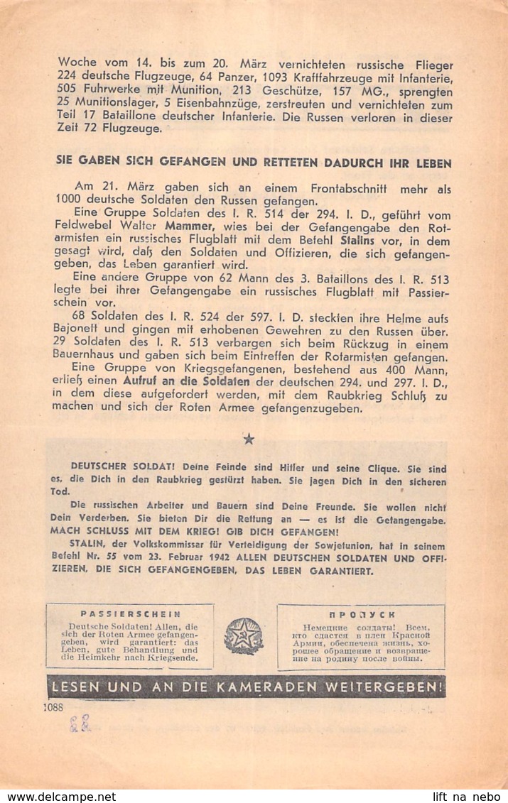 WWII WW2 Leaflet Flugblatt Tract Soviet Propaganda Against Germany "Frontnachrichten" März 1942 Nr. 136  CODE 1088 - 1939-45