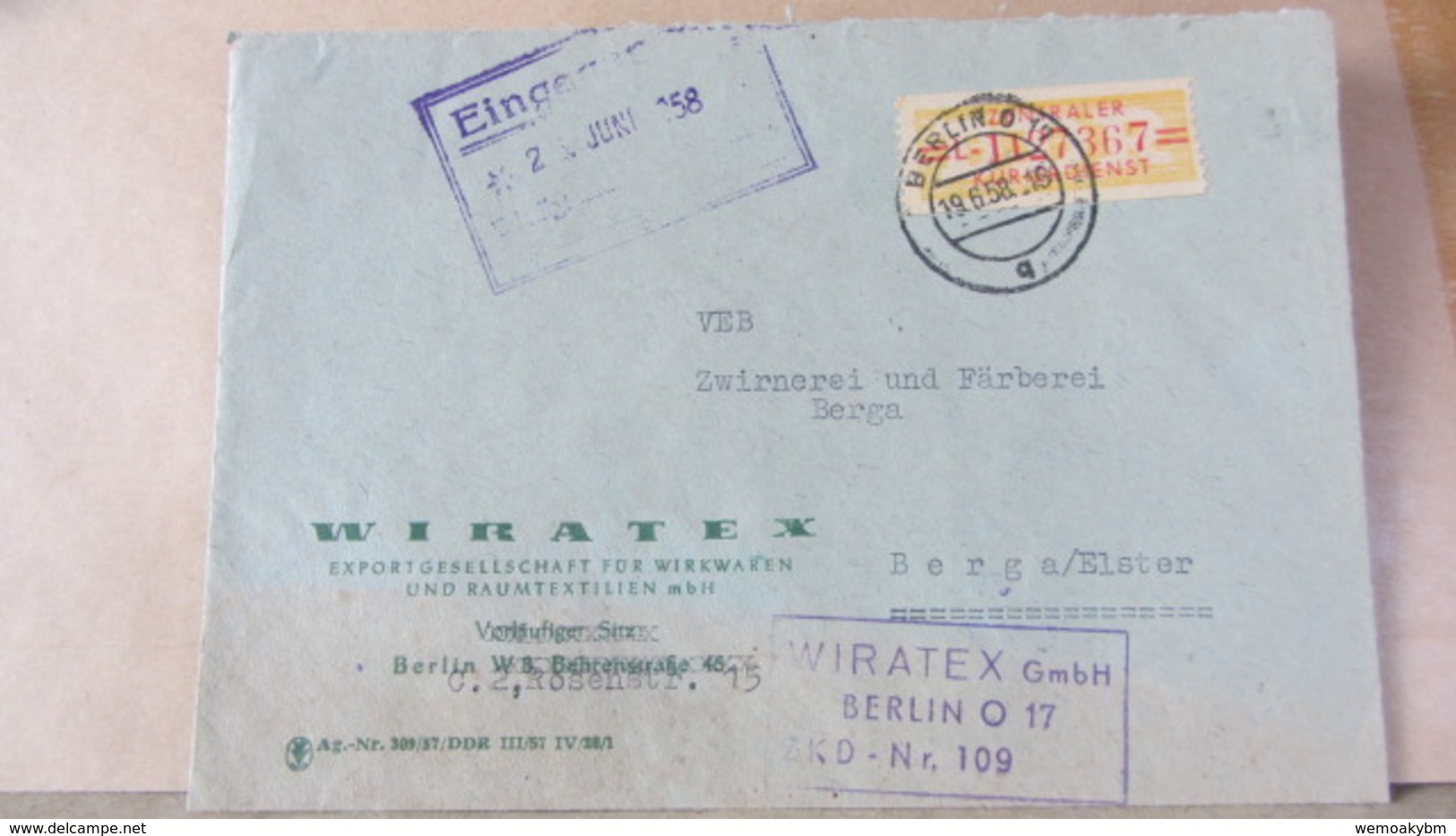 DDR: Fern-Brief BERLIN O17 WIRATEX, ZKD-Streifen Gelb/rot Kennbst. L 1127367 (von 1 180 000 Max.) Vom 19.6.58 - Central Mail Service