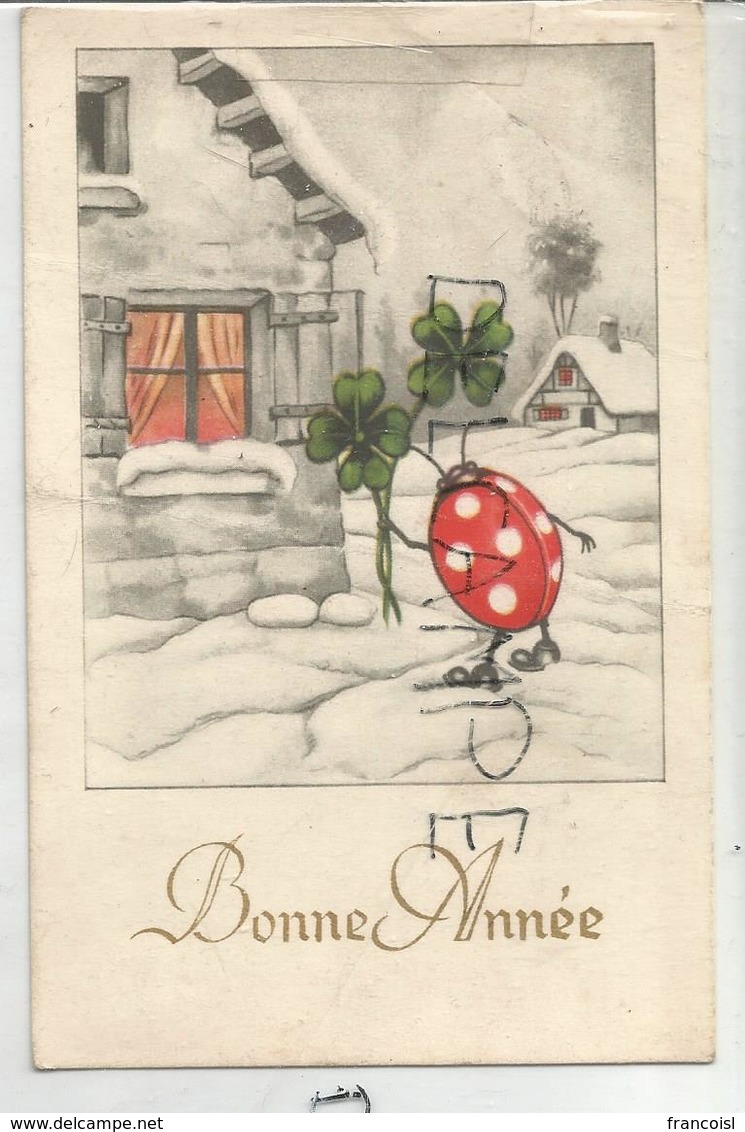 Bonne Année. Coccinelle Apportant Des Trèfles. Maisons Sous La Neige. - Nouvel An