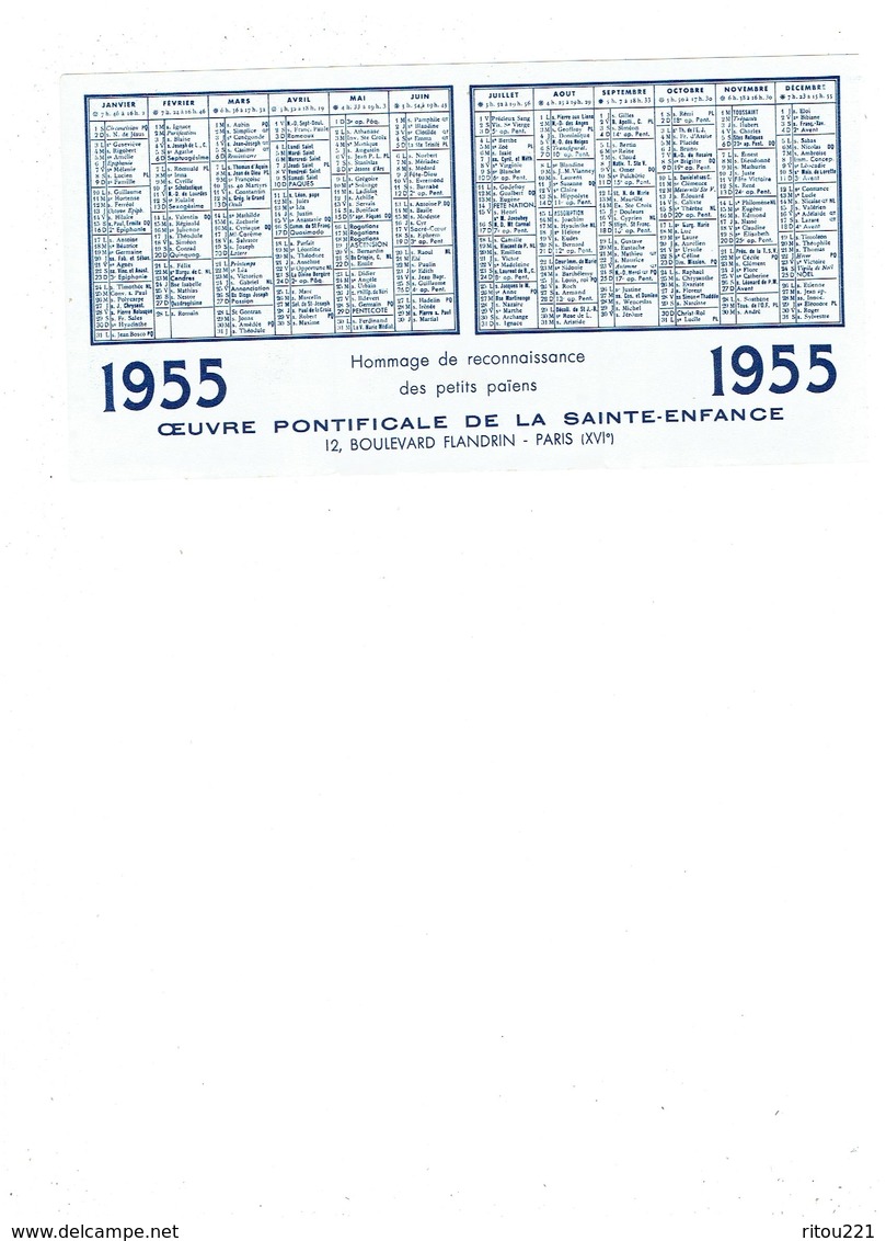 Petit Calendrier 1955 - INDES - Oeuvre Pontificale SAINTE-ENFANCE Petits Païens - PAPE RELIGIEUSE Enfants - Petit Format : 1941-60