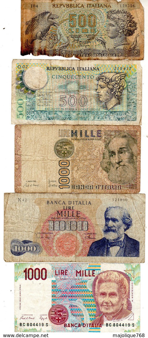 Lot De 5 Billets D’Italie -  3 De 1000 Lire Et 2 De 500 Lire -  1 De 500 Lire De 1966-75 En Mauvais état  1 De 500 Lire - Sammlungen