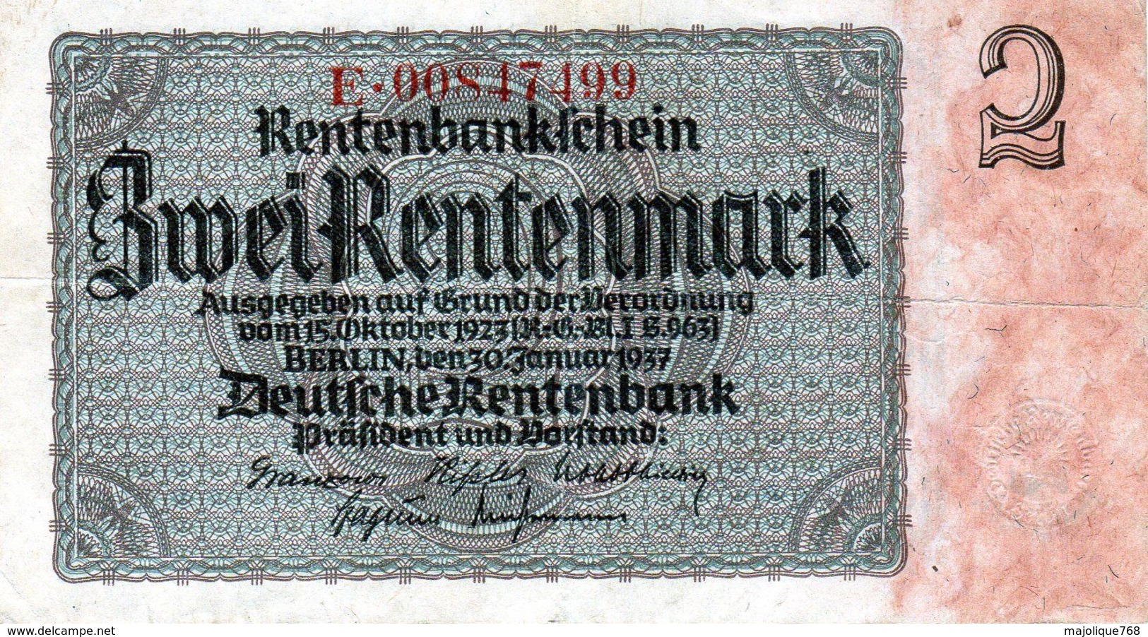 Billet De 2 Rentenmark Le 30-janvier 1937 - 2 Rentenmark