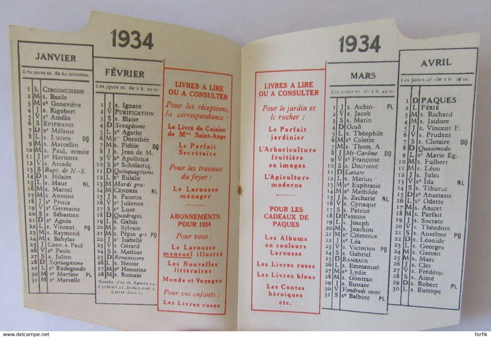 Calendrier De Poche Petit Larousse Illustré - 1934 - Petit Format : 1921-40