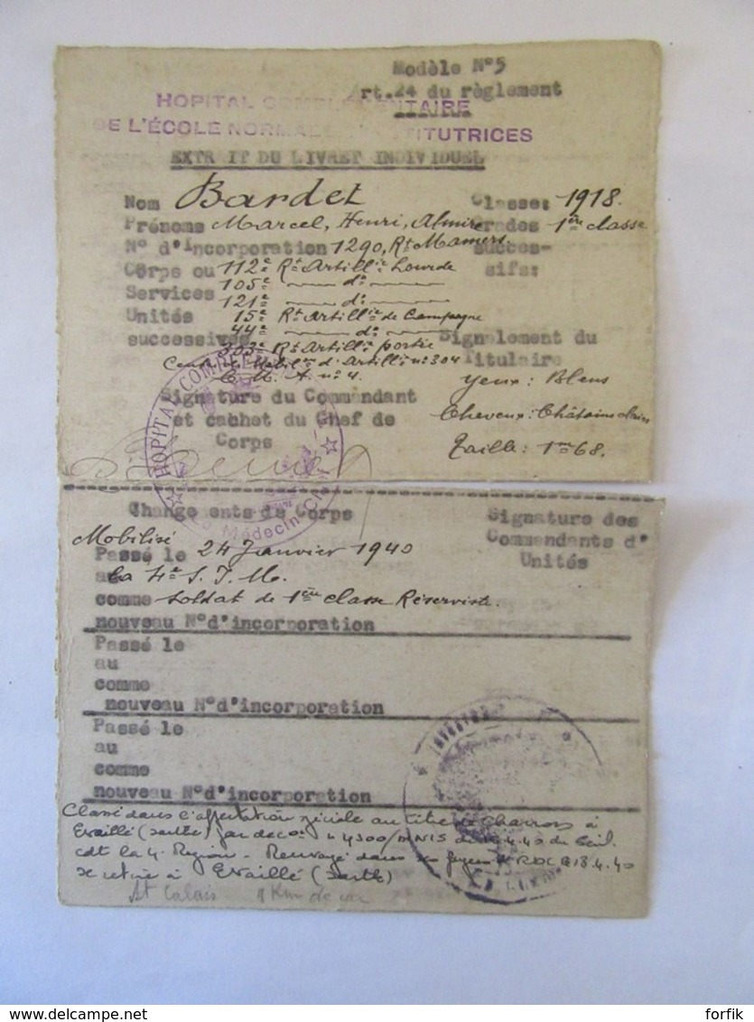 Guerre 39-45 - Extrait De Livret Individuel - Hôpital Complémentaire De L'Ecole Normale D'Institutrice (cachet) - 1940 - Documents