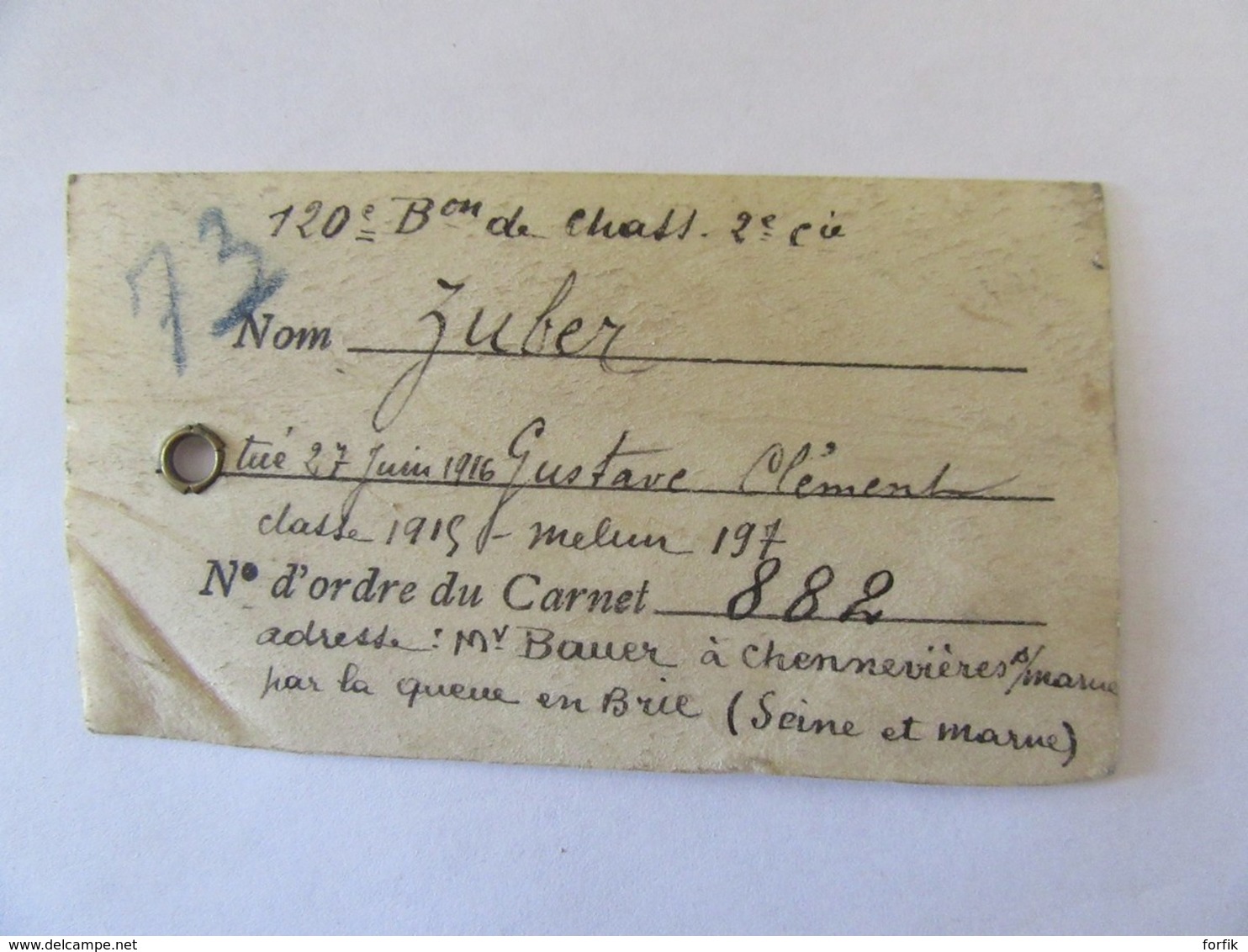 Guerre 14-18 - Petit Certificat De Décès Sur Vélin Du Soldat Zuber, Tué Le 27 Juin 1916 - Documents