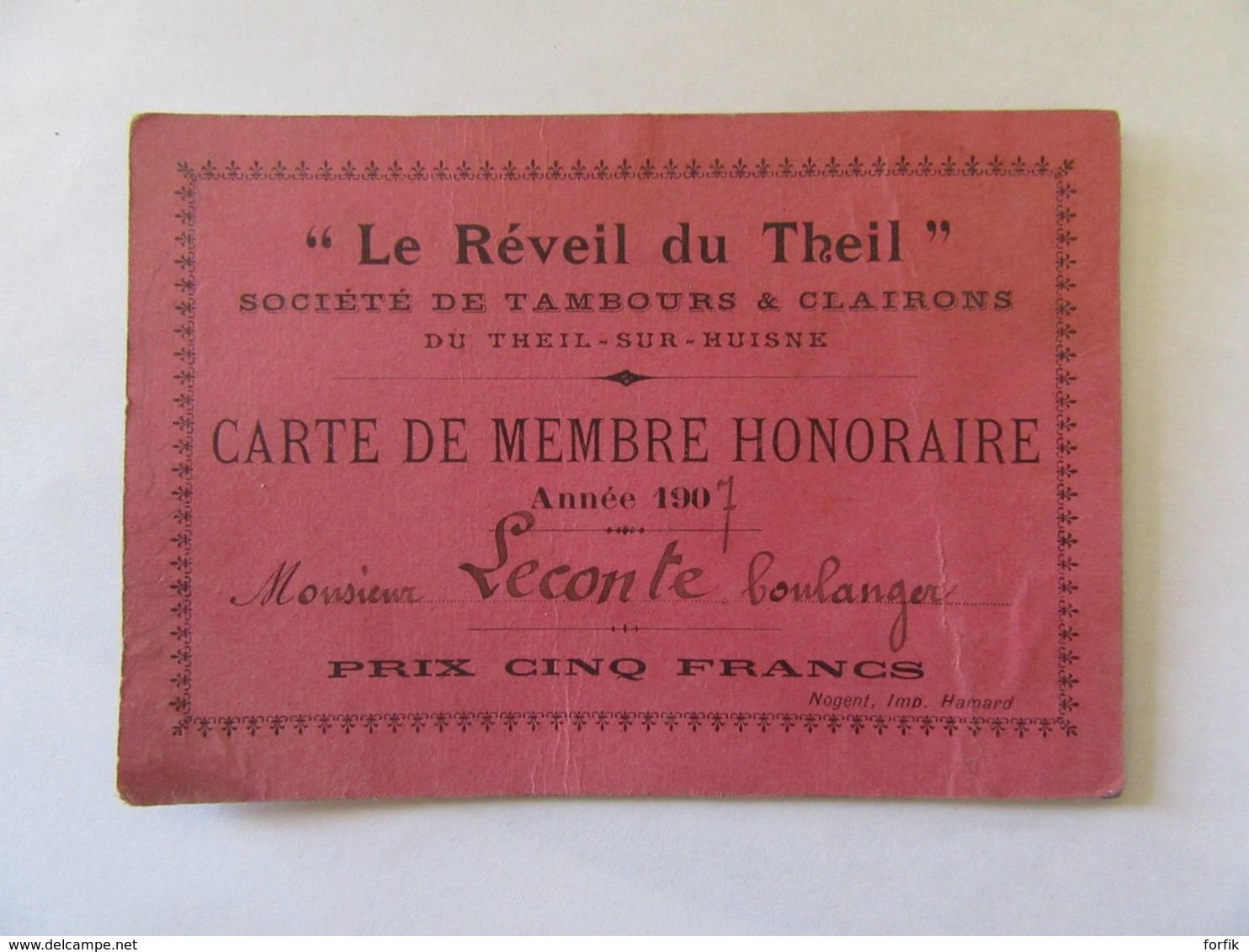 France - Carte De Membre Du "Réveil Du Theil", Société De Tambours Et Clairons Du Theil Sur Huisne - Année 1907 - Historical Documents