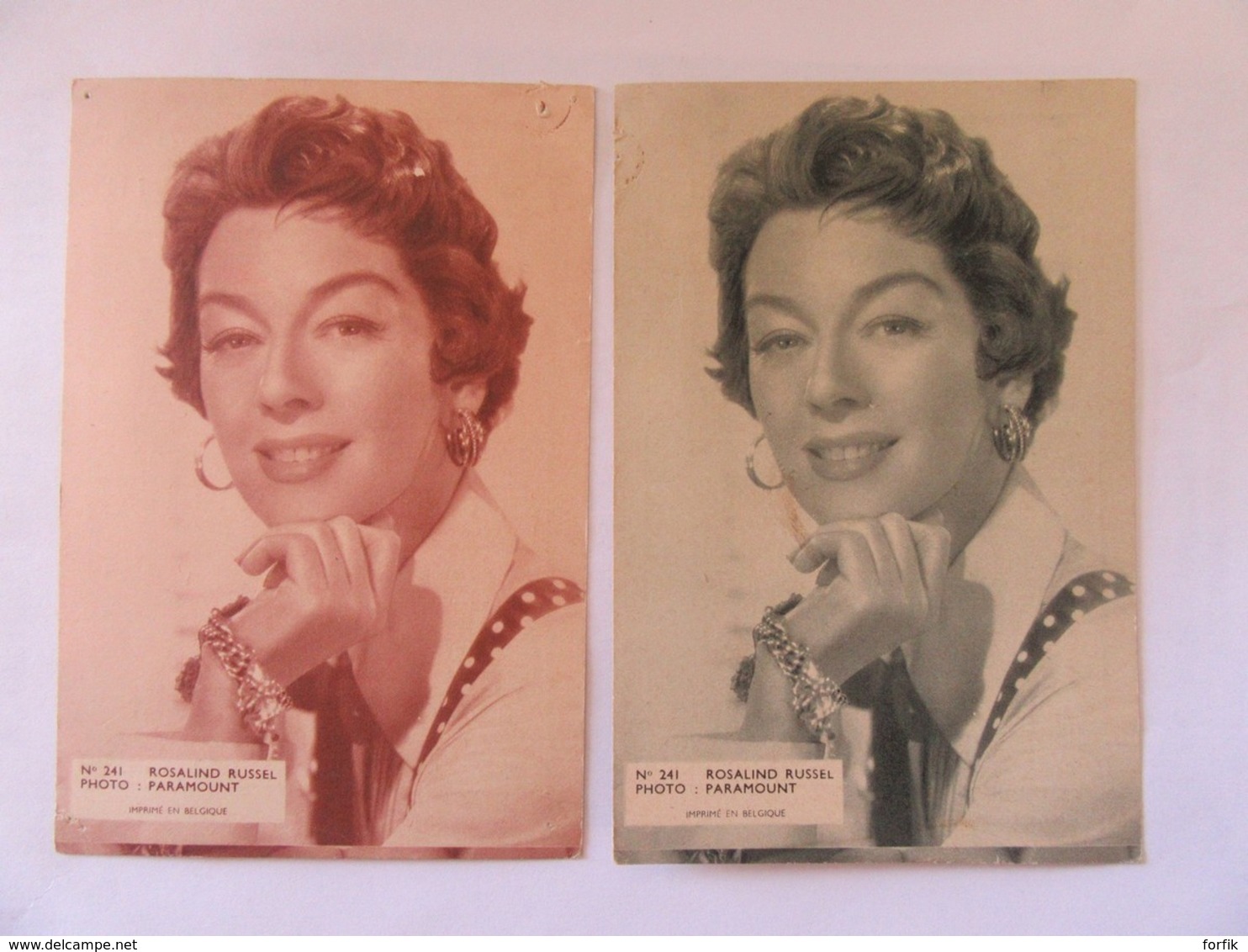 Belgique - 2 Cartes Publicitaires Du Ciné Royal à JUMET-ALTREE - Actrice Rosalind Russel - 2 Teintes Différentes - Publicidad