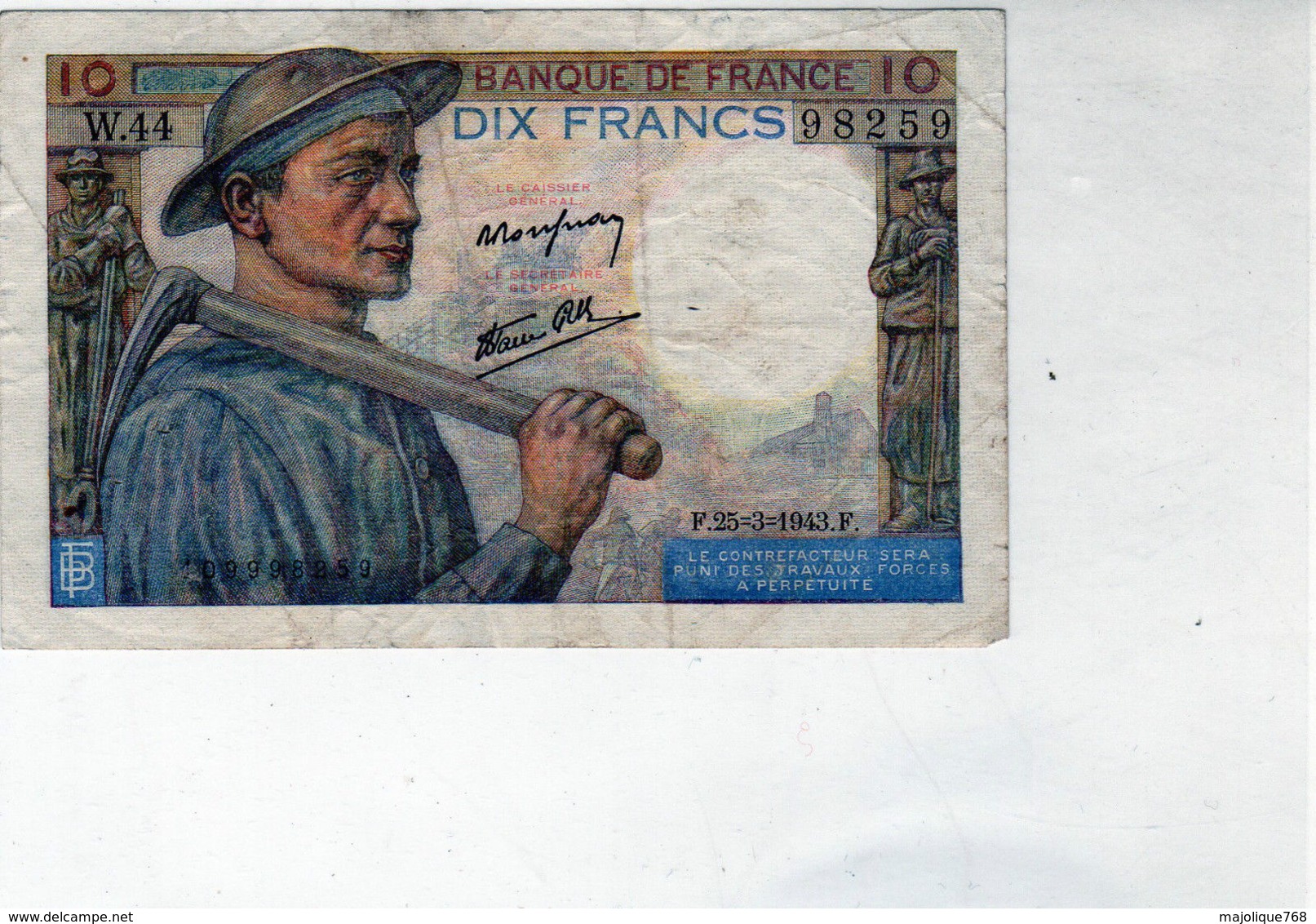 Billet De 10 Francs (mineur)"type 1941 - Le 25-3-1943 En T T B + - - 10 F 1941-1949 ''Mineur''