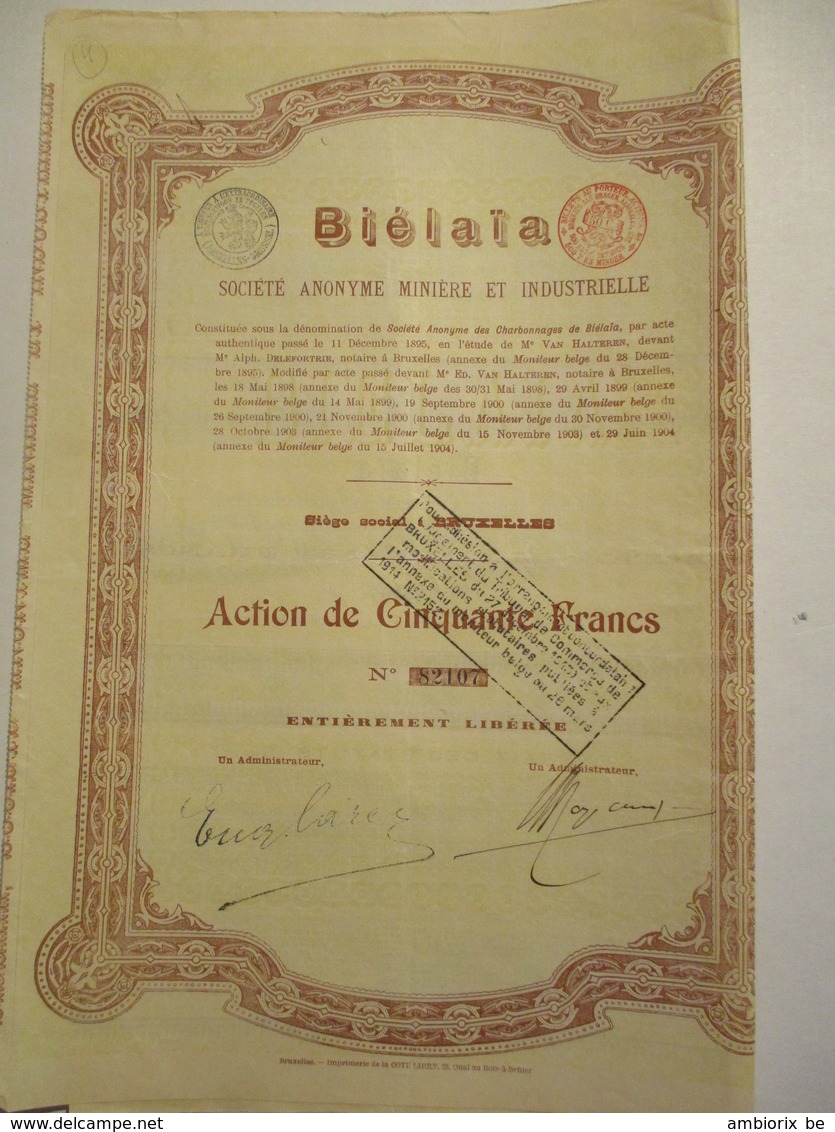 Biélaïa - Société Anonyme Minière Et Industrielle - Action De 50 Francs - Version 1904 - Russie