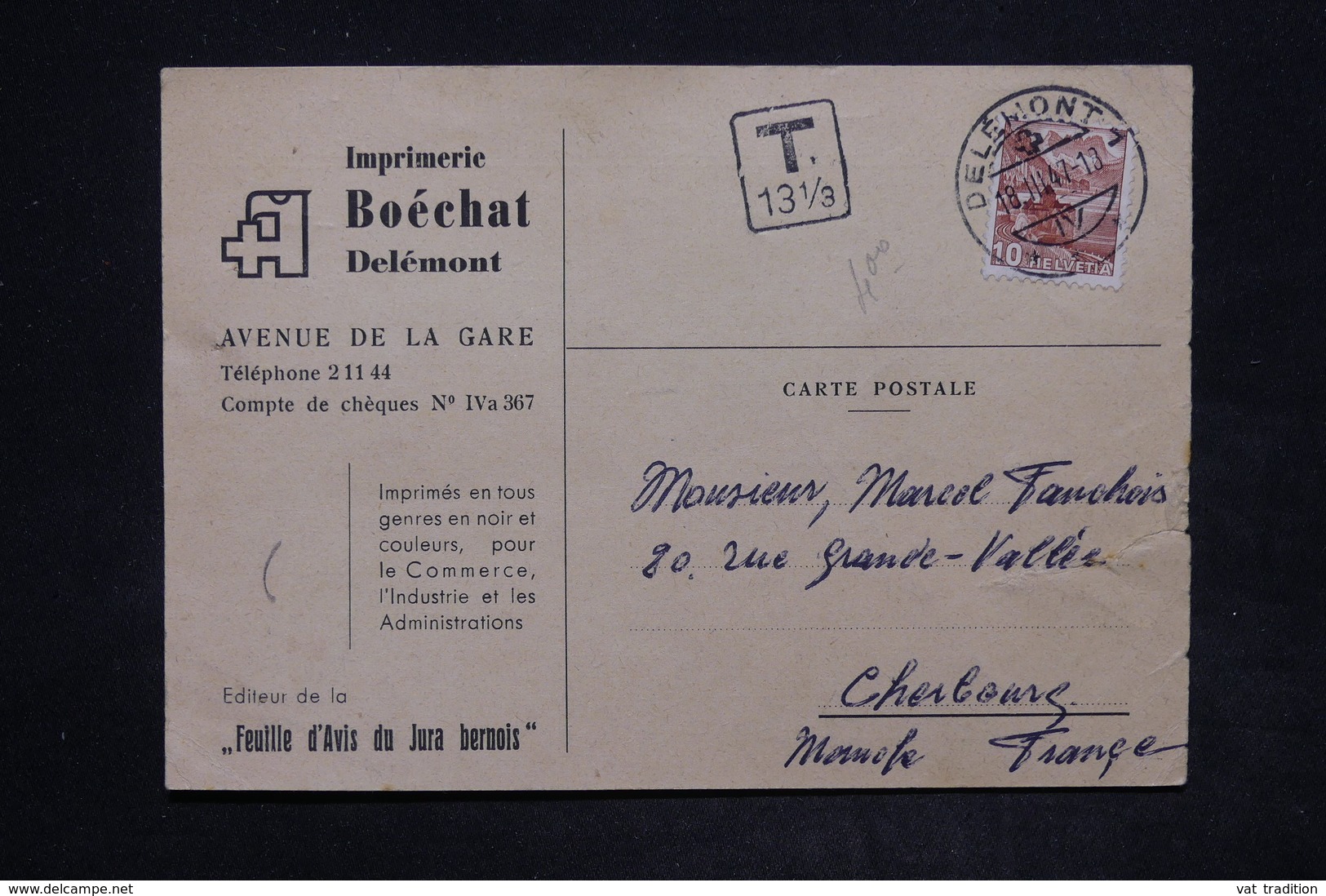 SUISSE - Carte Commerciale De Delémont Pour La France En 1947 , Taxé - L 25935 - Marcophilie