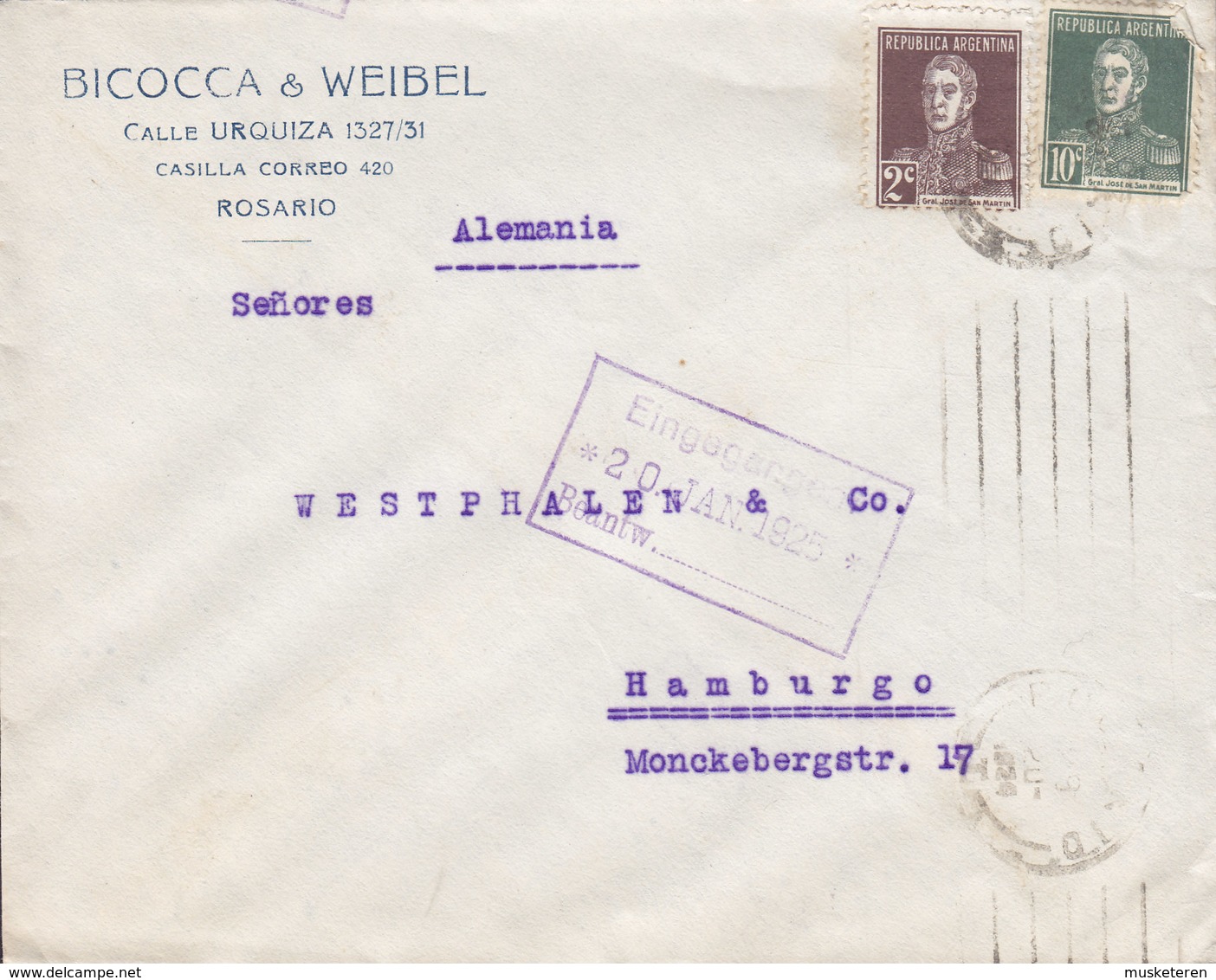 Argentina BICOCCA & WEIBEL, TMS Cds. ROSARIO 1925 HAMBURG Germany 2x San Martin Stamps - Briefe U. Dokumente