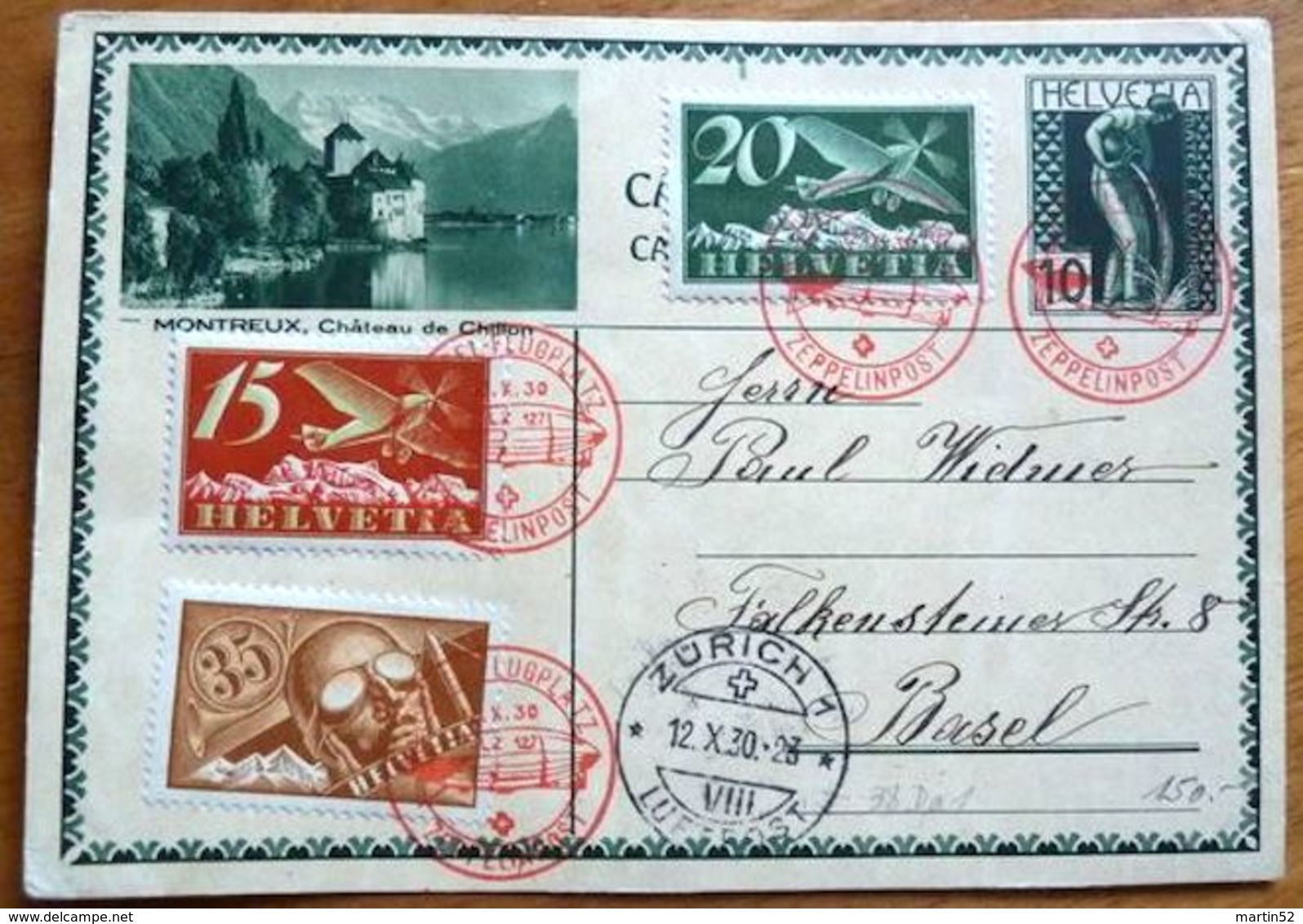 Schweiz Suisse 1930: CPI PK "MONTREUX Chillon" O ZEPPELINPOST 12.X.30 BASEL Mit Zu F3+6 Mi 179+181 (CHF 134.00) - Premiers Vols