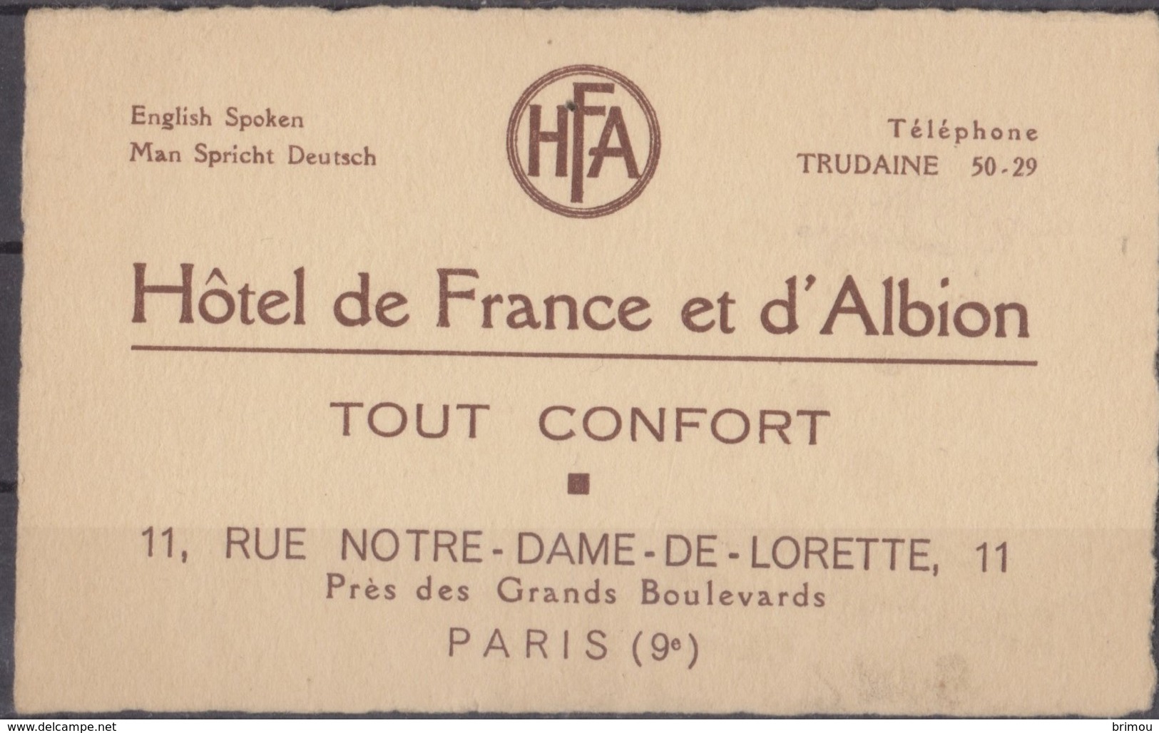 Hotel De France Et D'Albion Carte De Visite Paris. - Cartes De Visite