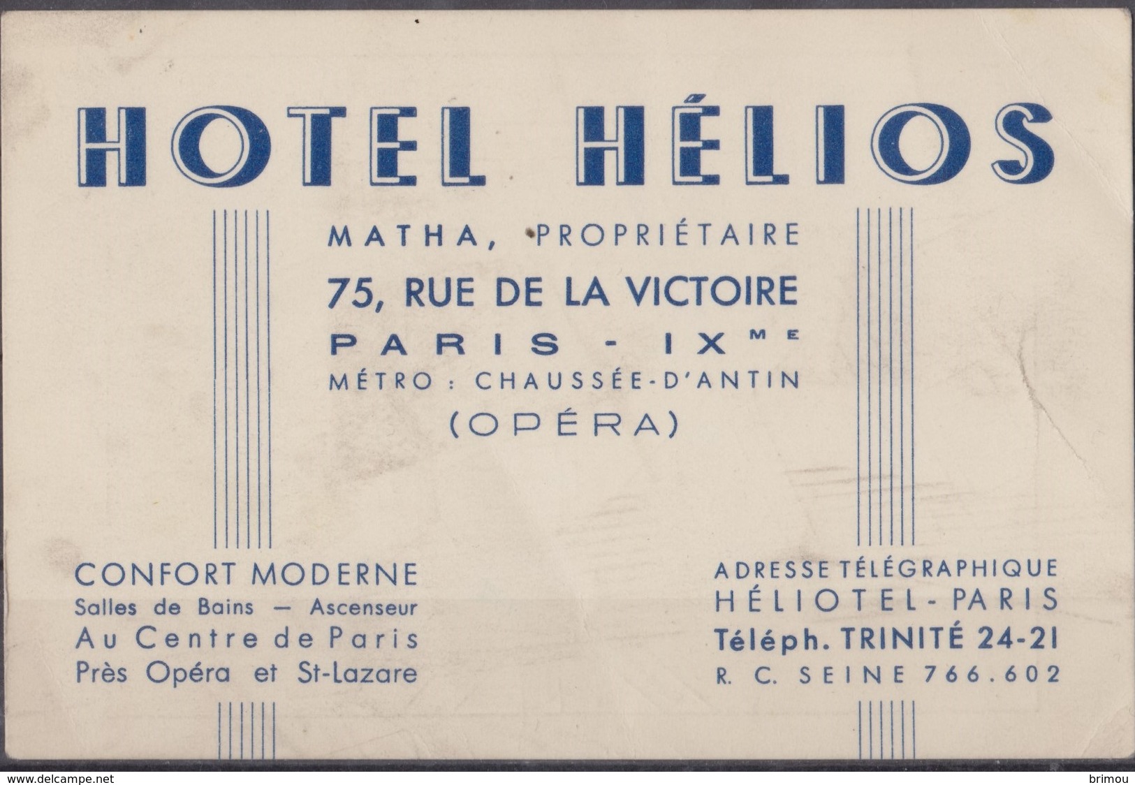 Hotel Hélios Carte De Visite Paris. - Cartes De Visite