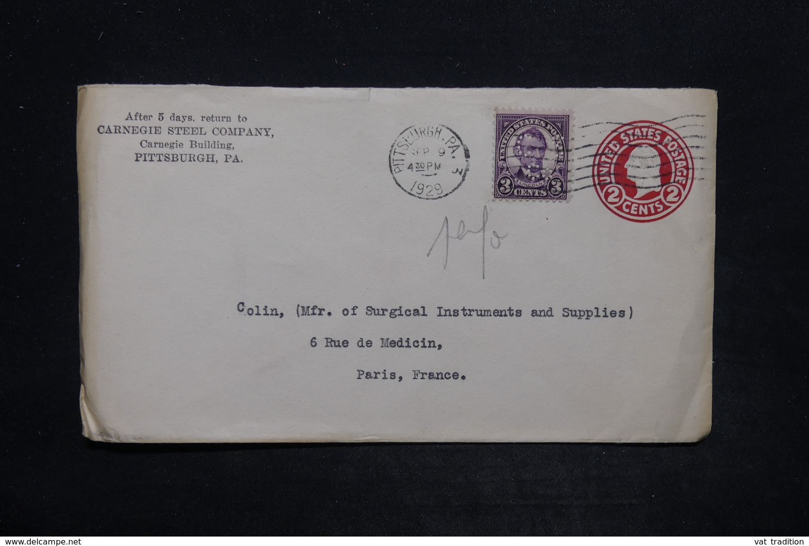 ETATS UNIS - Entier Postal Commerciale + Complément Perforé De Pittsburgh Pour La France En 1929 - L 25957 - 1921-40