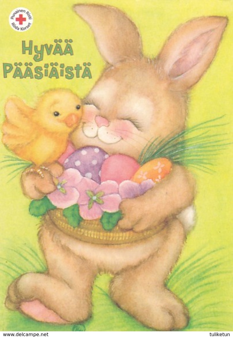 Postal Stationery - Bunny Holding Basket Full Of Eggs - Flowers - Chick - Red Cross - Suomi Finland - Postage Paid - Entiers Postaux
