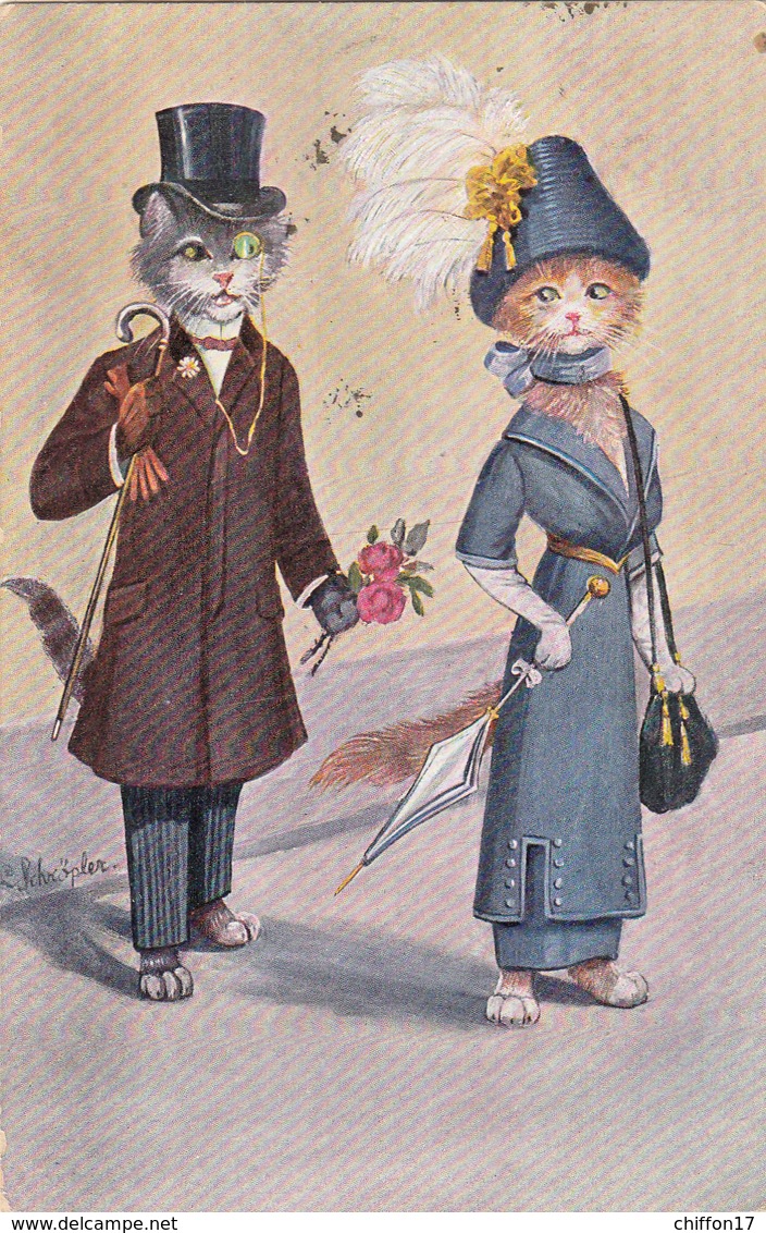 CPA   Chats Humanisés  Illustrateur  SCHRÖPLER  Couple De Chats Chics - Dessins D'enfants