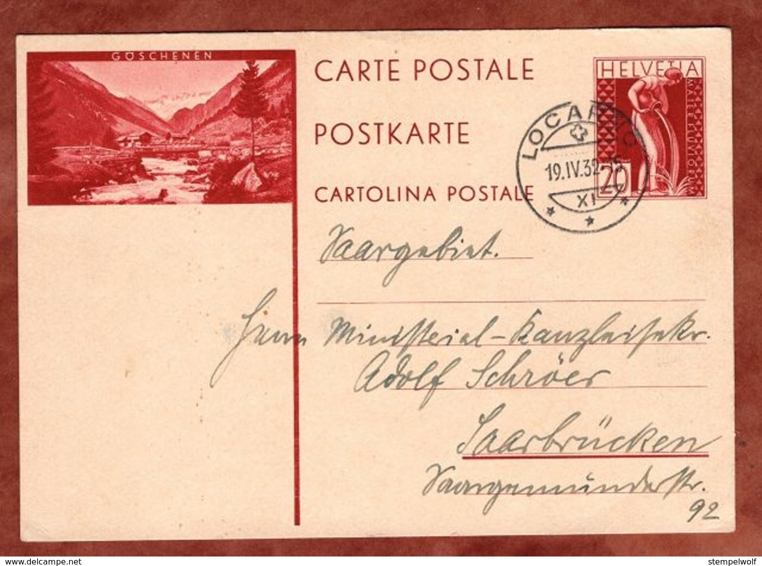 P 145 Mater Fluviorum, Abb Goeschenen, Locarno Nach Saarbruecken 1932 (71303) - Entiers Postaux