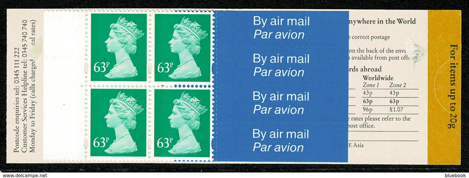 Ref 1283 - GB Machin Stamps - Booklet 4 X 63p Worldwide Airmail - SG GR4 - Cuadernillos