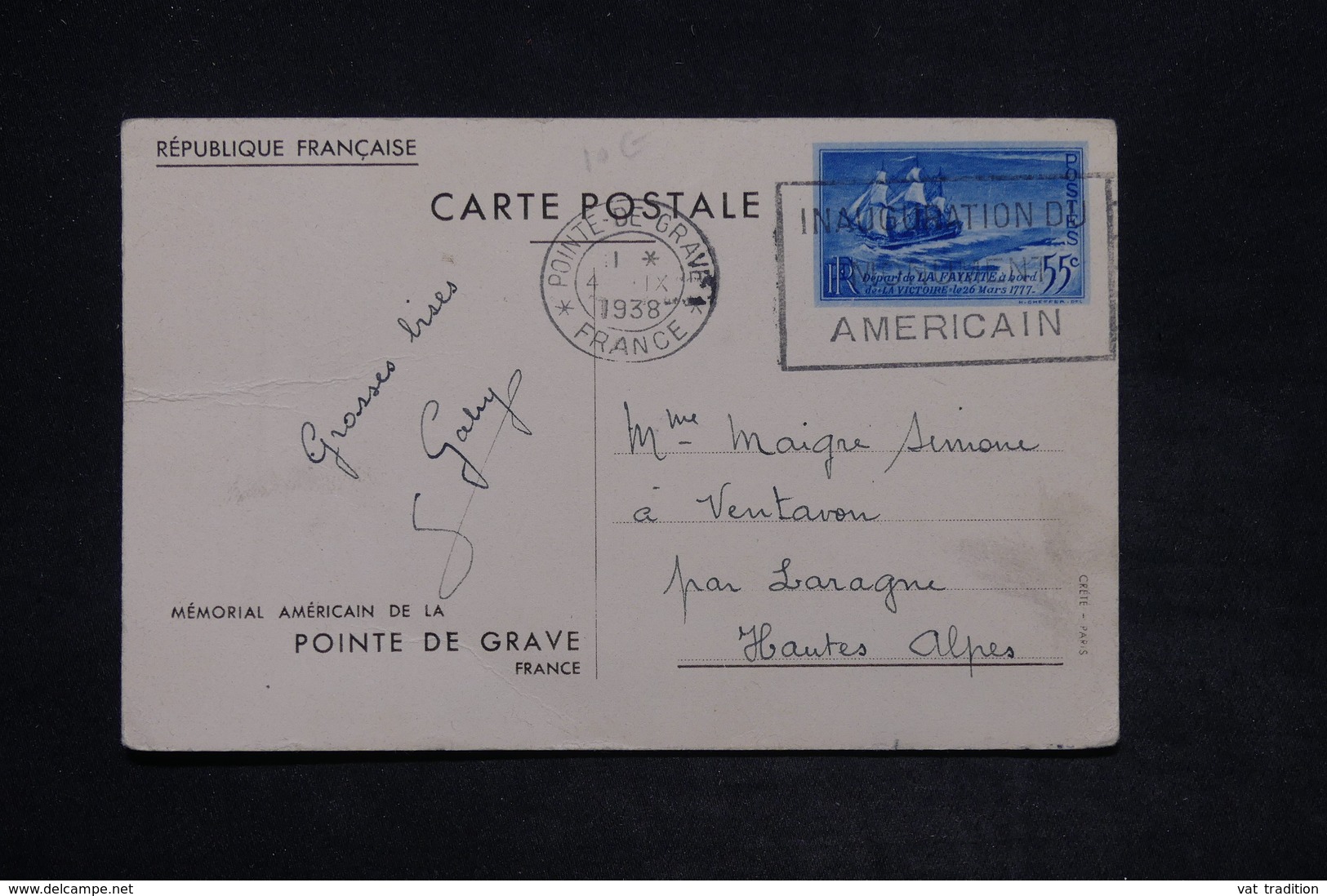 FRANCE - Entier Postal De La Pointe Du Grave , Monument Américain Pour Laragne En 1938 - L 25976 - Cartoline Postali E Su Commissione Privata TSC (ante 1995)